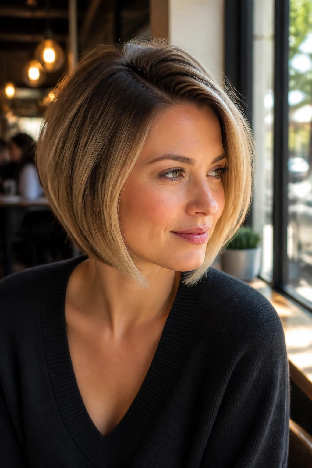 Real woman with stacked bob off-center part in a sunlit cafe setting.