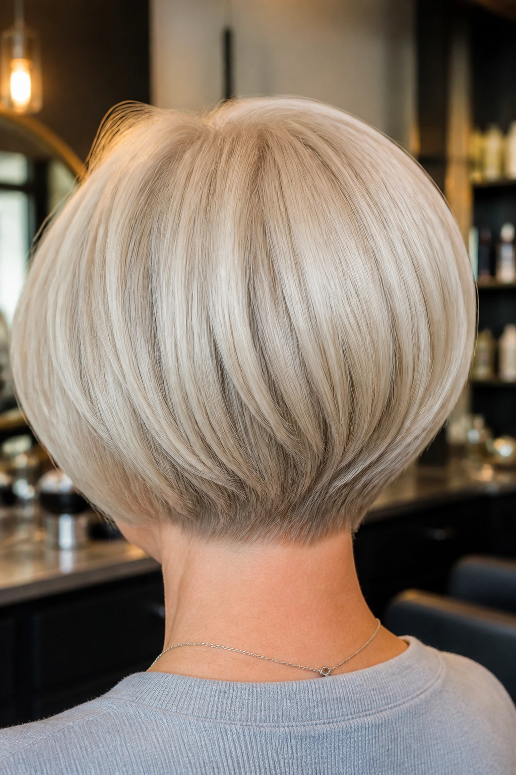Back view of real woman with soft stacked bob at the nape in salon light