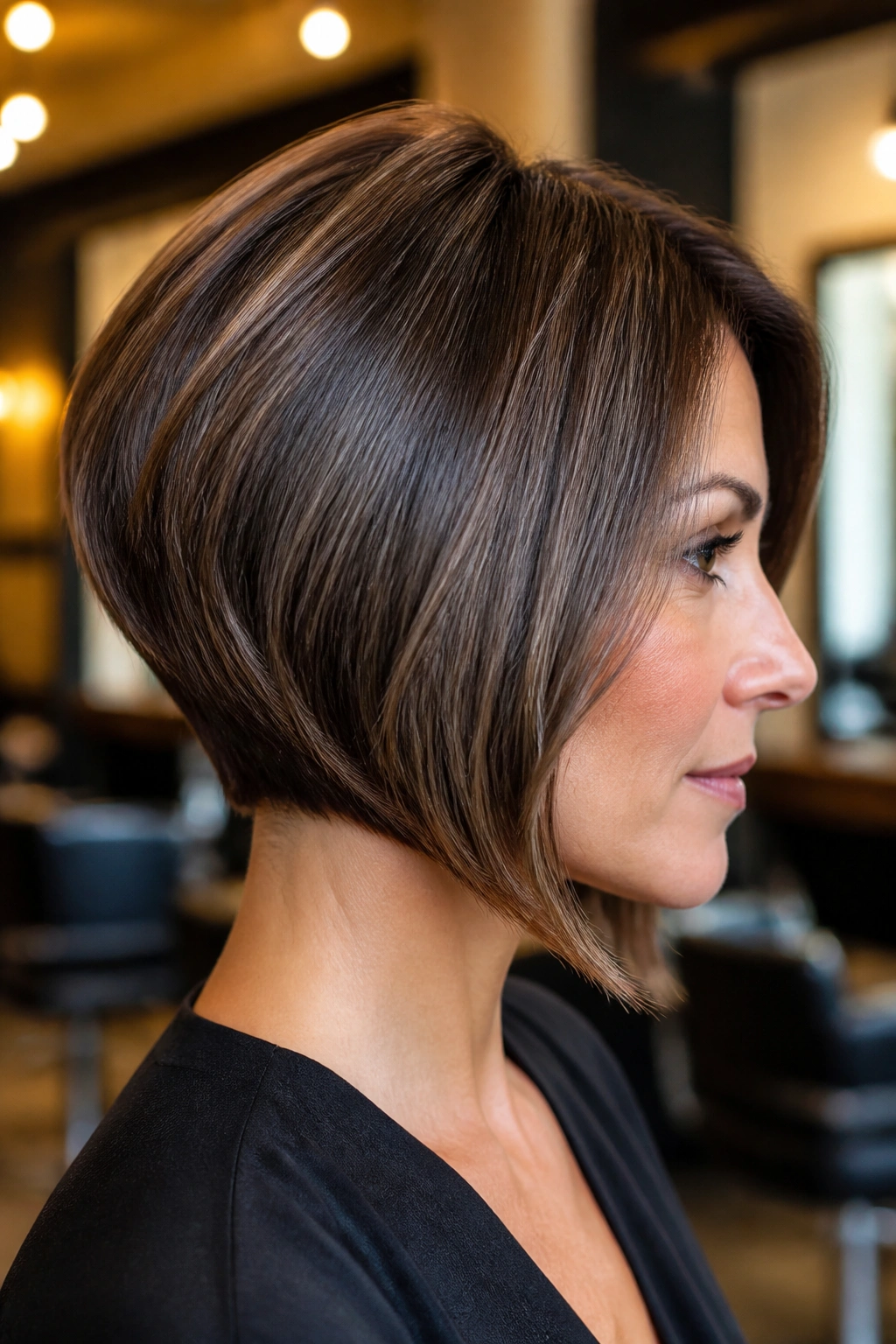 Close-up of a real woman with stacked bob hairstyle