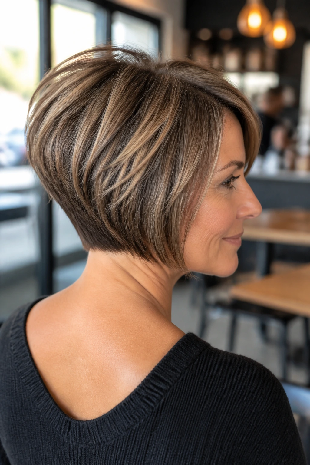 Close-up of a woman with a stacked bob in a bright cafe setting