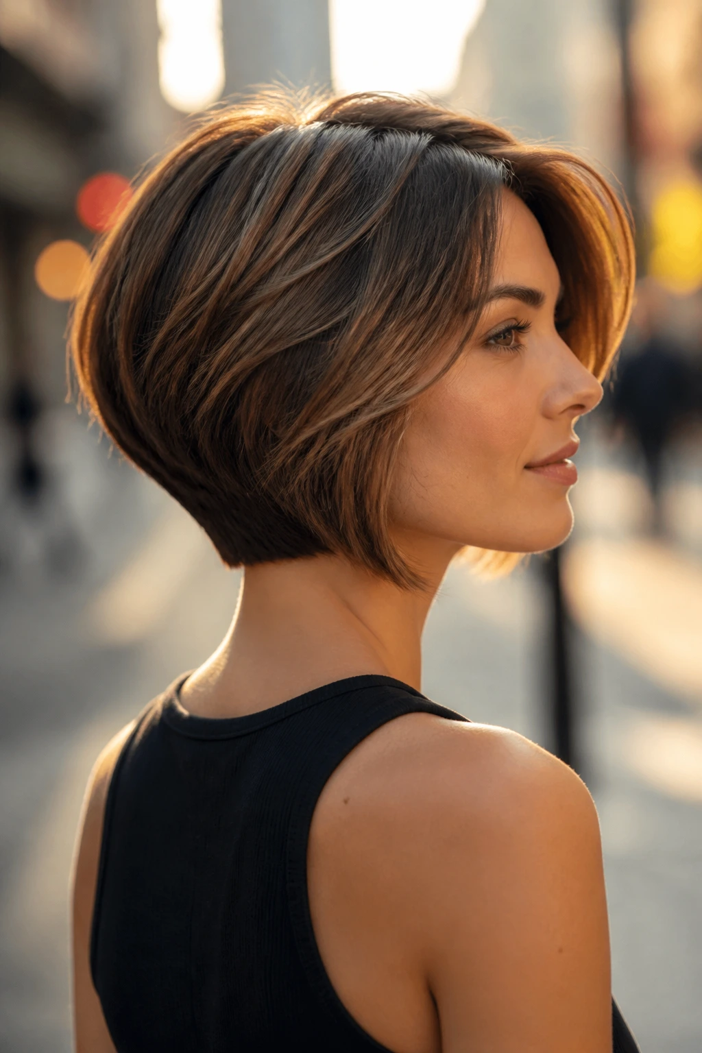 Portrait of a woman with stacked bob showing crown lift and rounded neckline