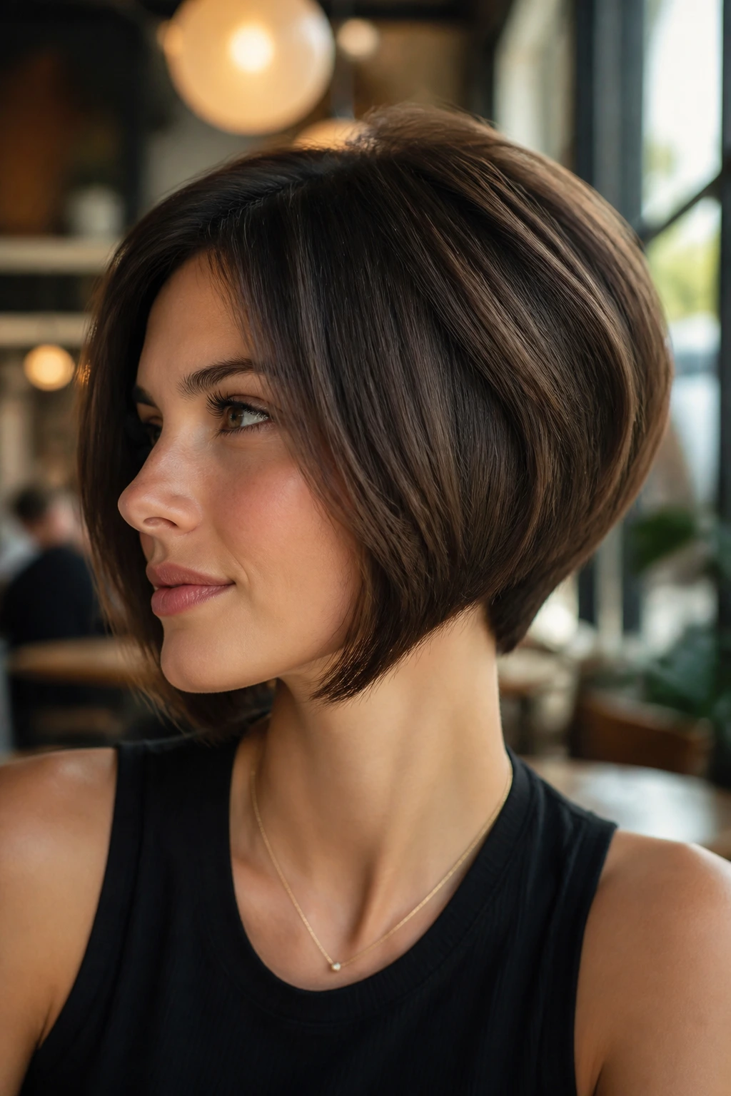 Real person with stacked bob hairstyle in a cafe setting