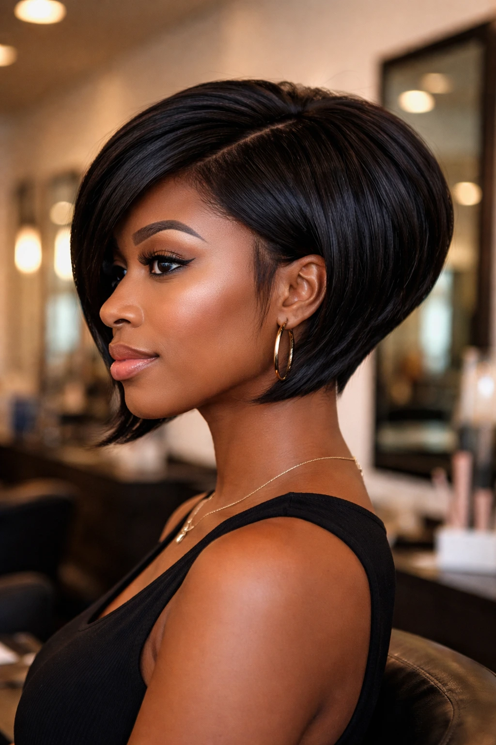 Close-up portrait of a real person with a stacked bob showing a dramatic angle from back to front