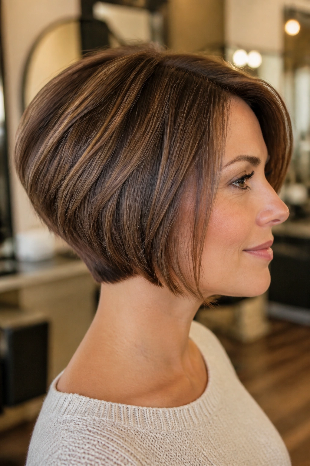 Close-up portrait of a real woman with a stacked bob, shorter nape and lifted crown, in a modern salon