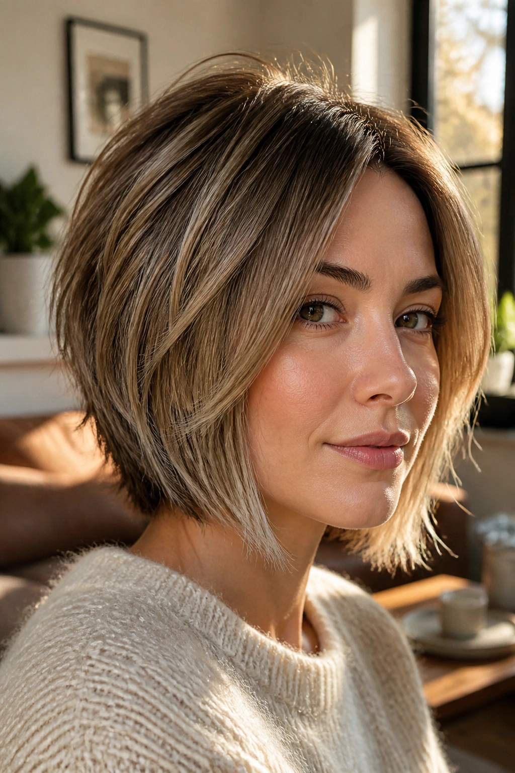 Real woman portrait showcasing a stacked bob with razor-cut ends in warm natural light