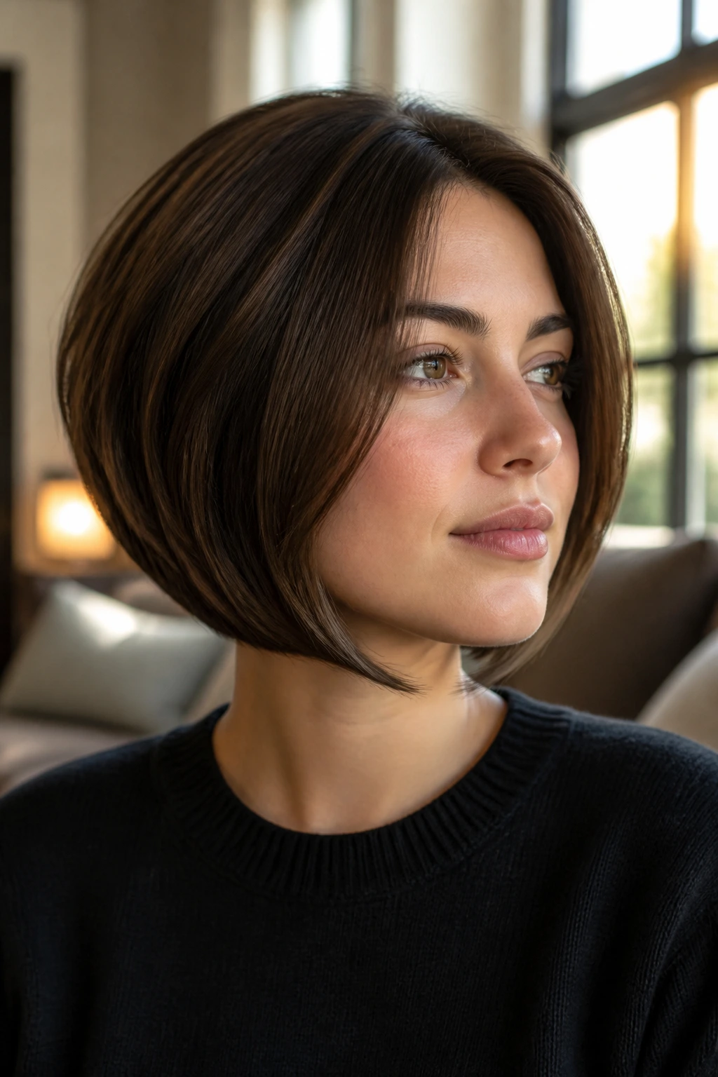 Close-up of a real woman with a classic stacked bob showing nape hug and jaw-length front.