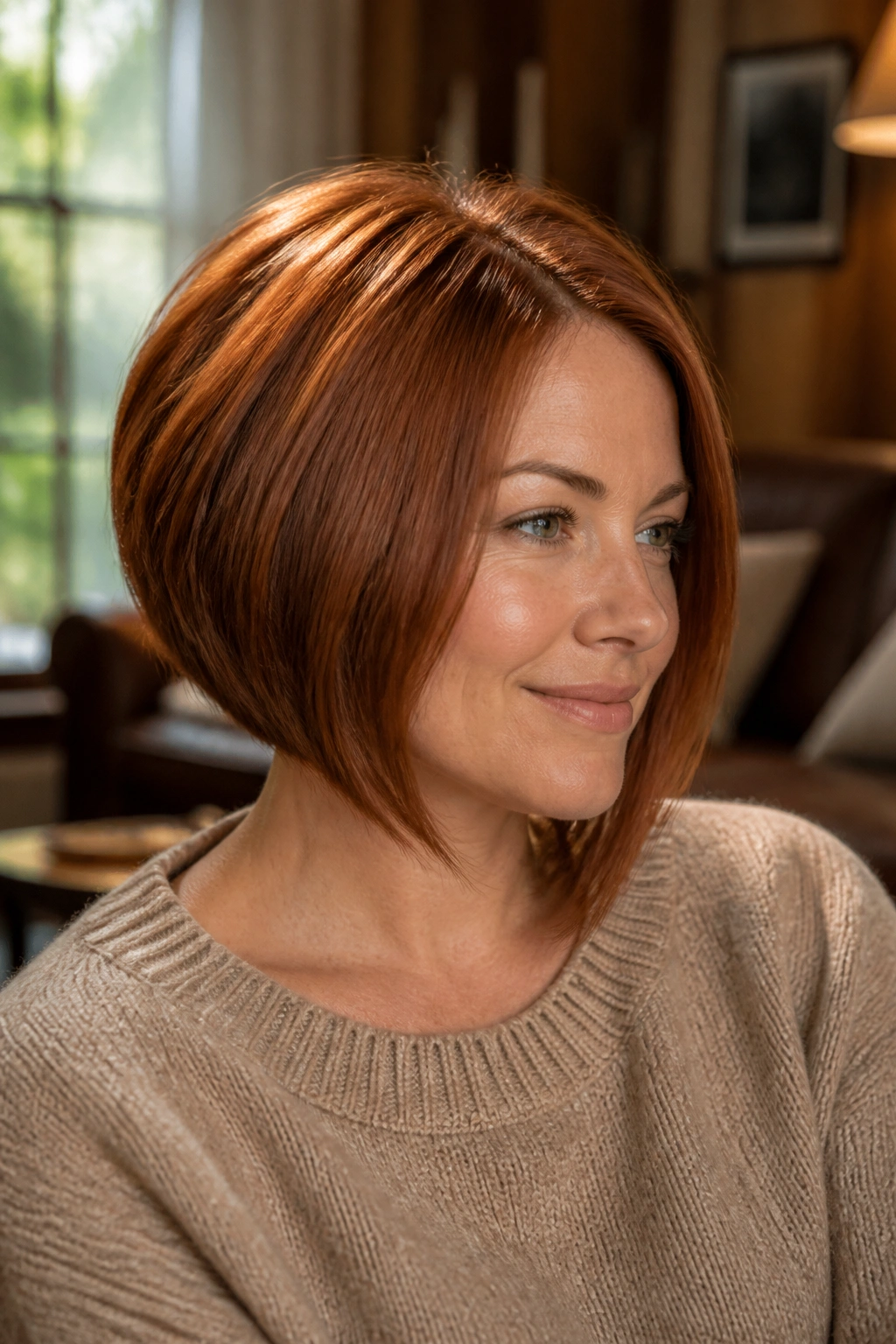 Portrait of a real person with stacked bob in rusty copper
