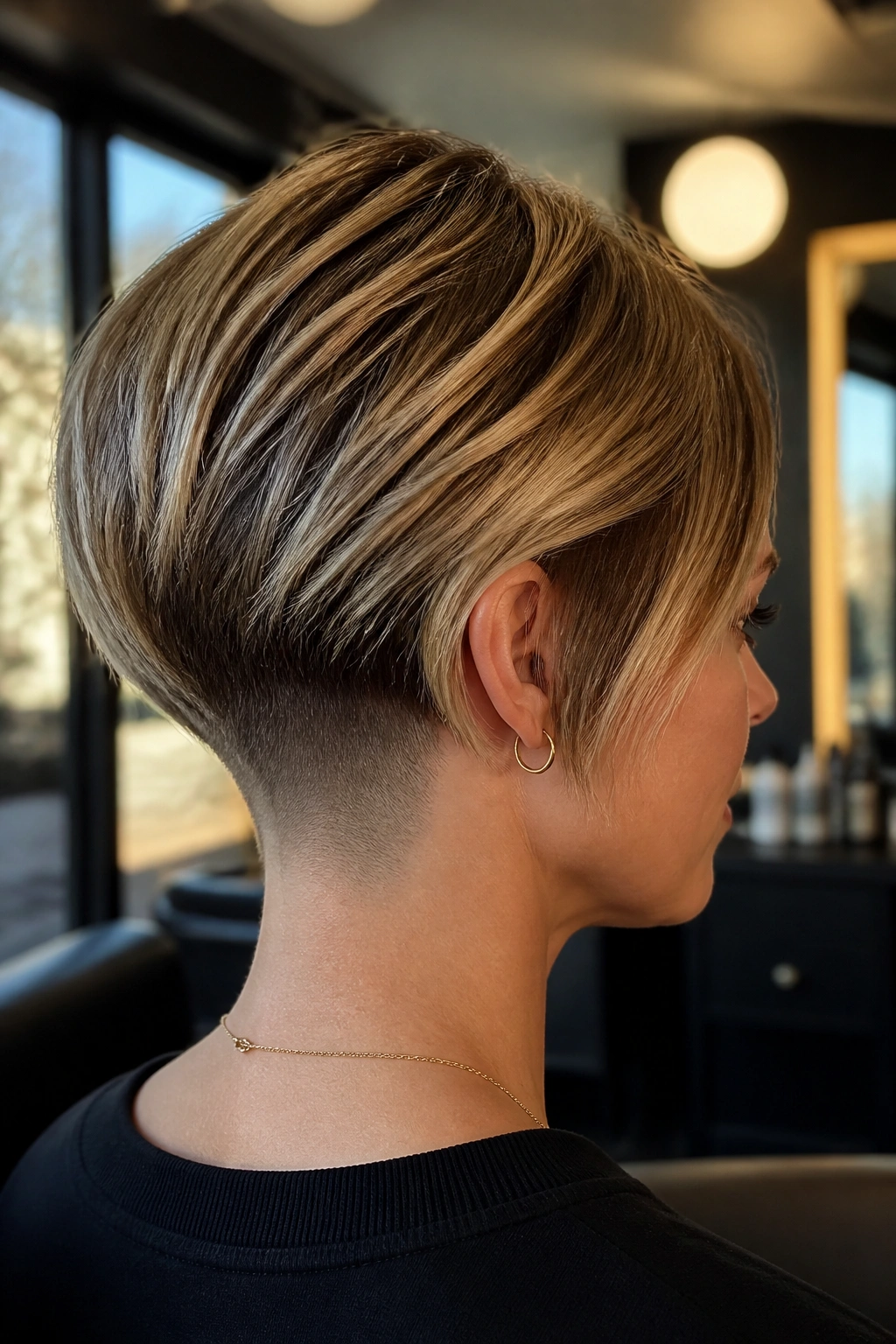 Close-up of a real woman with a stacked bob and tight nape shave in a warm salon