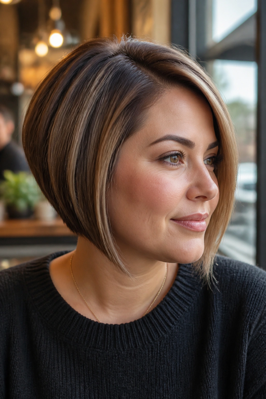 Close-up portrait of a real woman with a Classic Stacked Bob featuring a side part