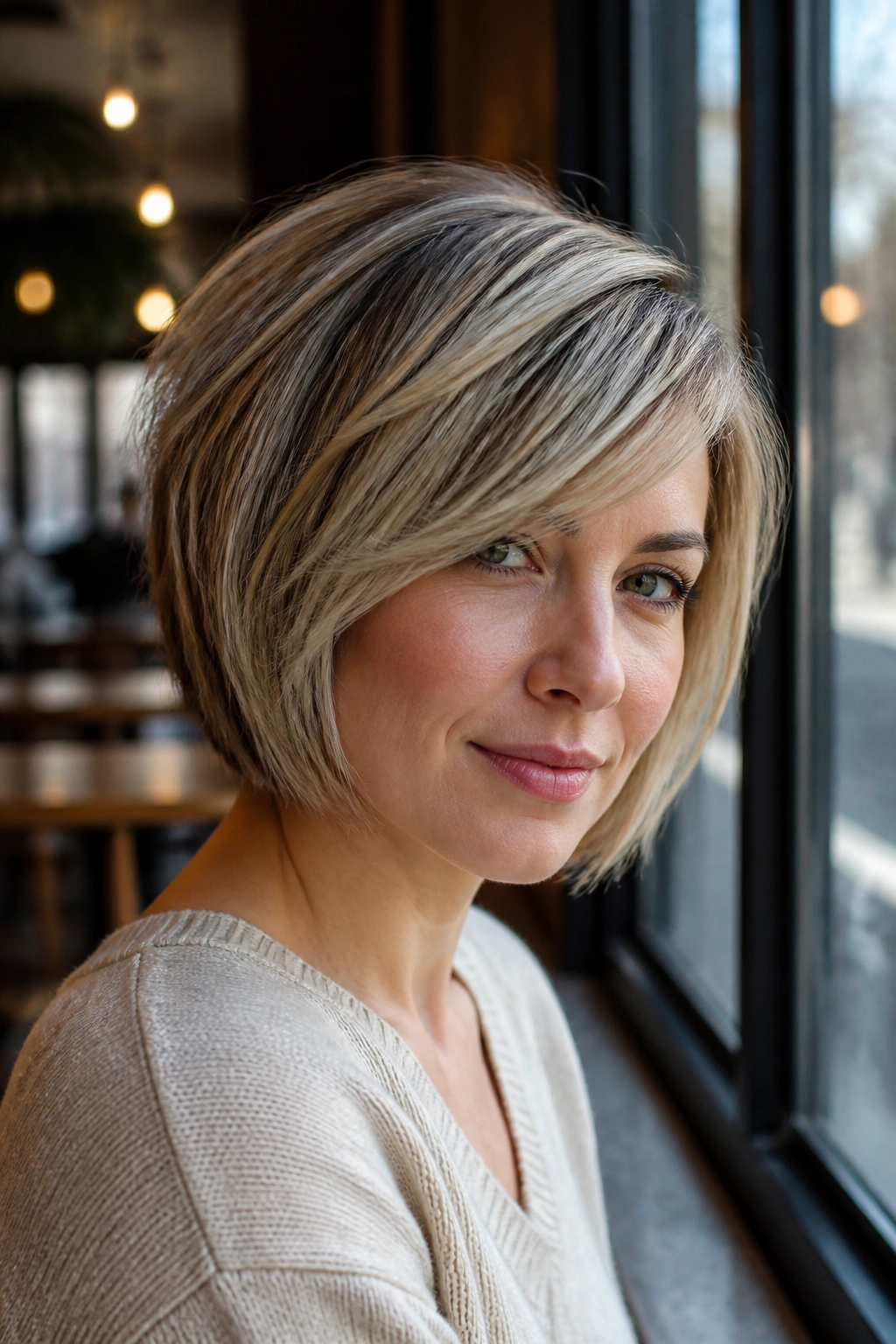Portrait of a real woman with stacked bob and side-swept fringe.