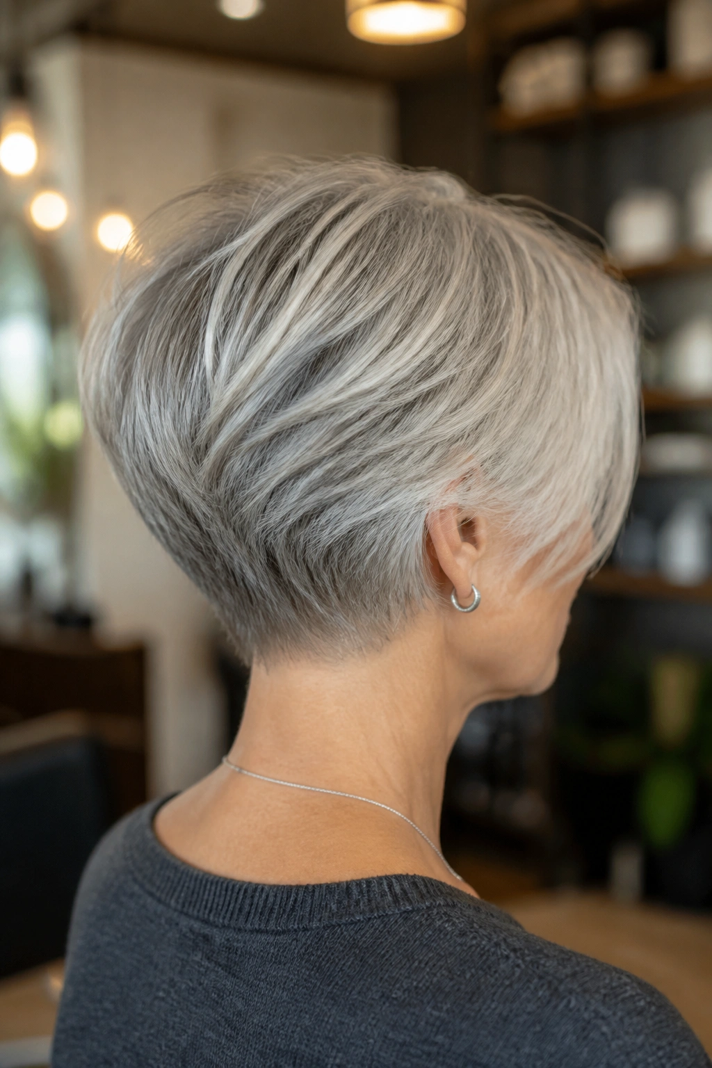 Real woman with a stacked bob and lifted nape demonstrating gentle graduation in hair.