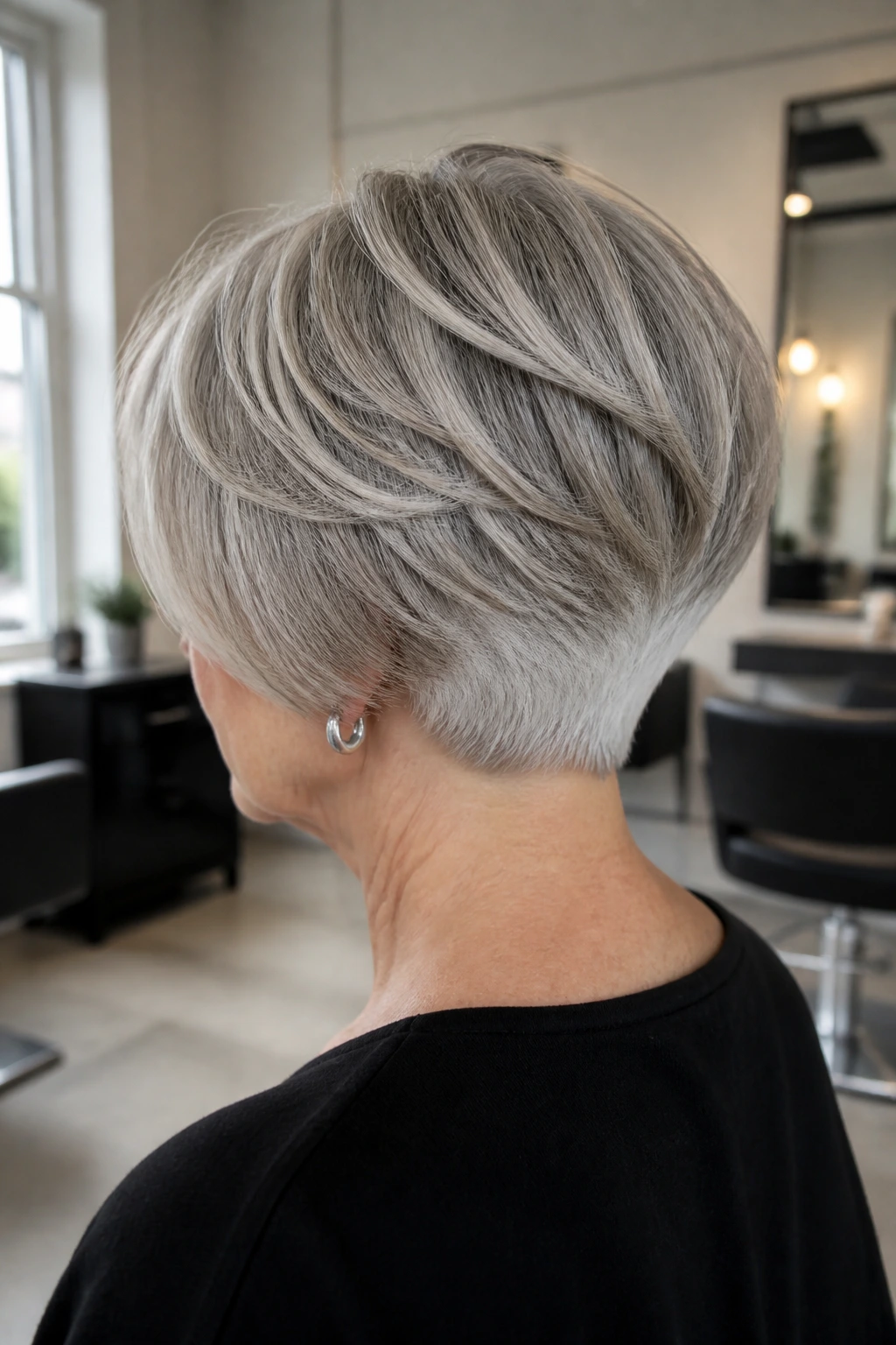 Rear portrait of a woman showing stacked bob and bright silver at the nape