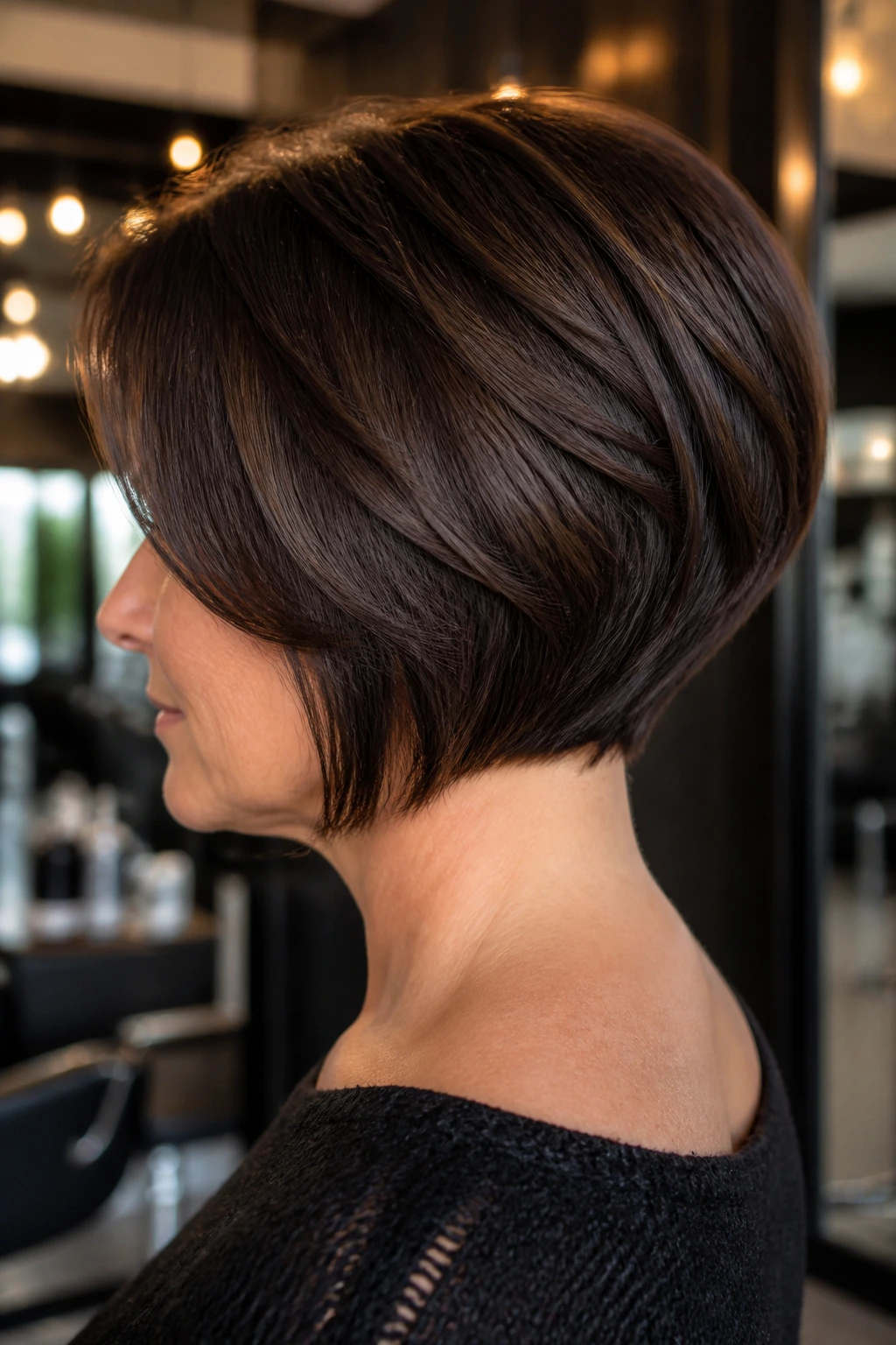 Brunette with stacked bob and soft graduation at the nape.