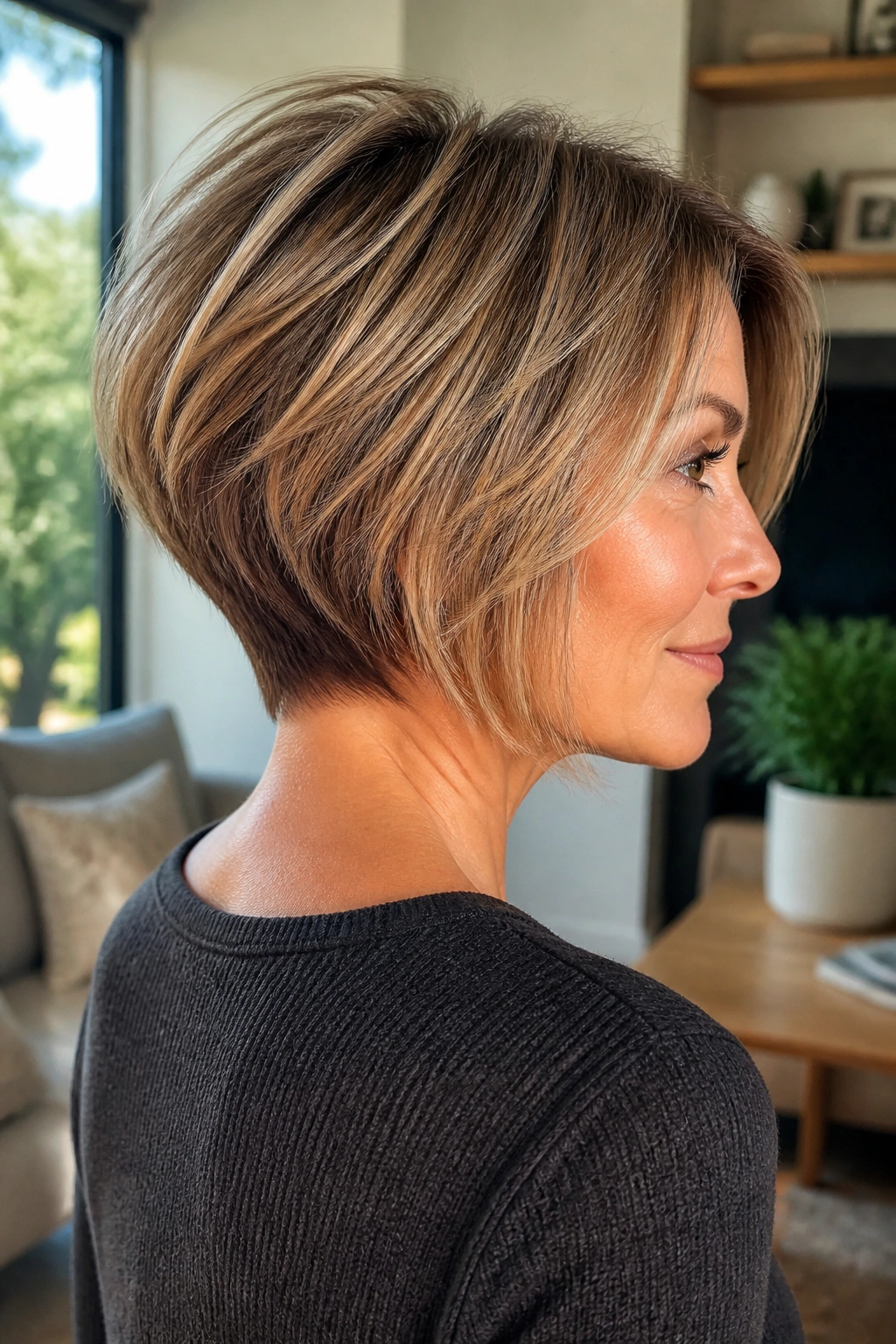 Close-up of a real woman with stacked bob and soft graduation showing crown lift