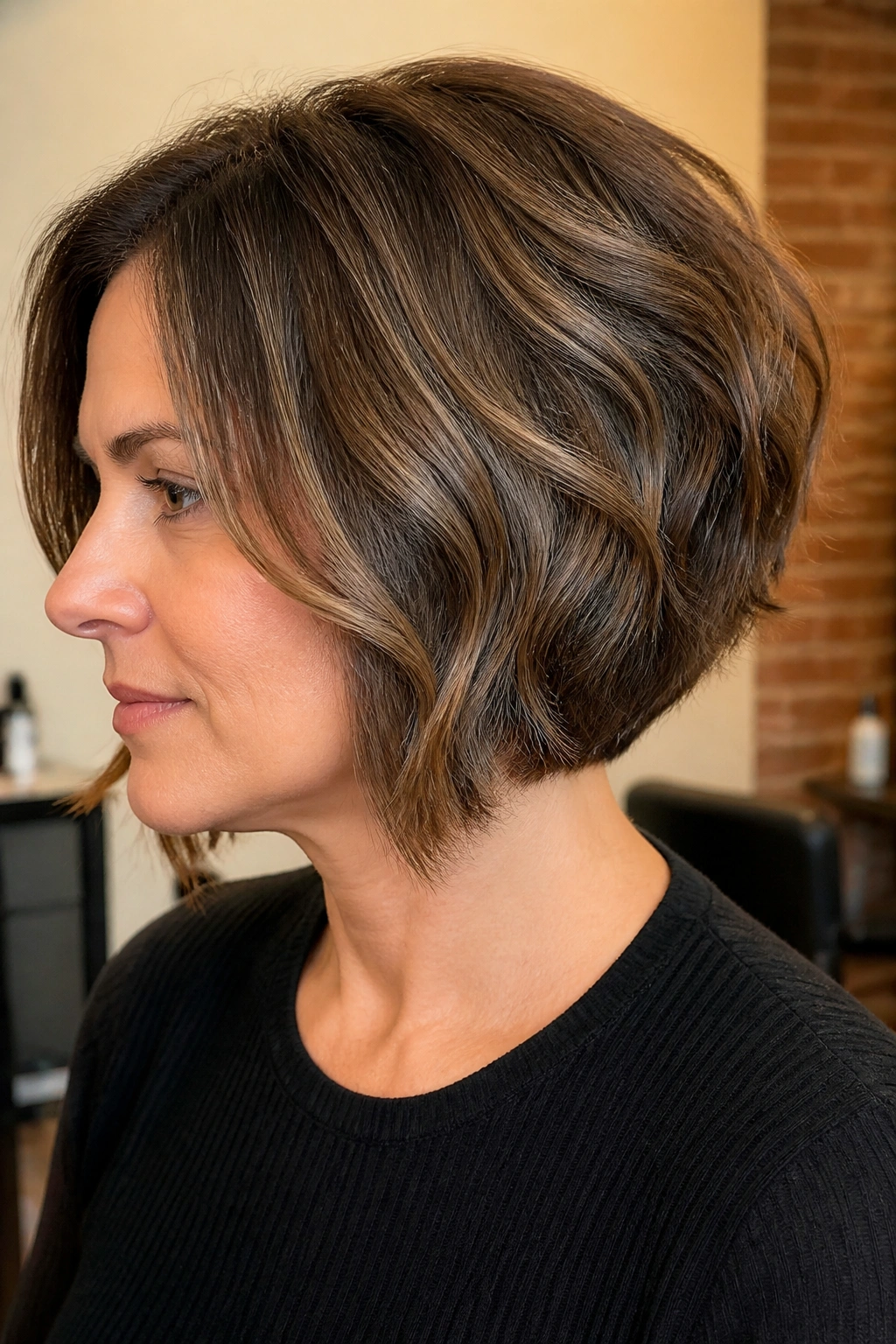 Close-up portrait of a real woman with stacked bob and lifted crown.