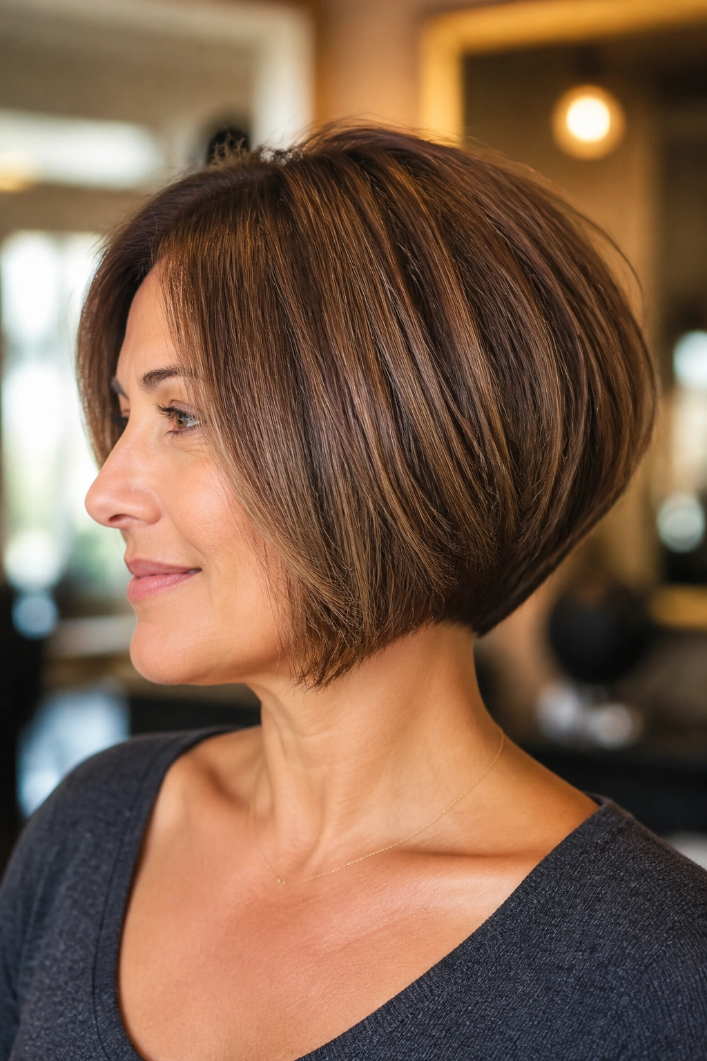 Close-up of a real woman with a classic stacked bob and tapered nape in a salon.