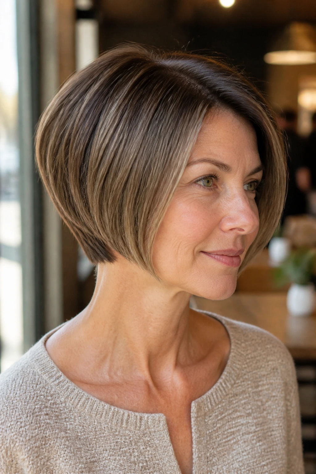 Real woman with tucked sides stacked bob and narrow neckline in a cafe setting.