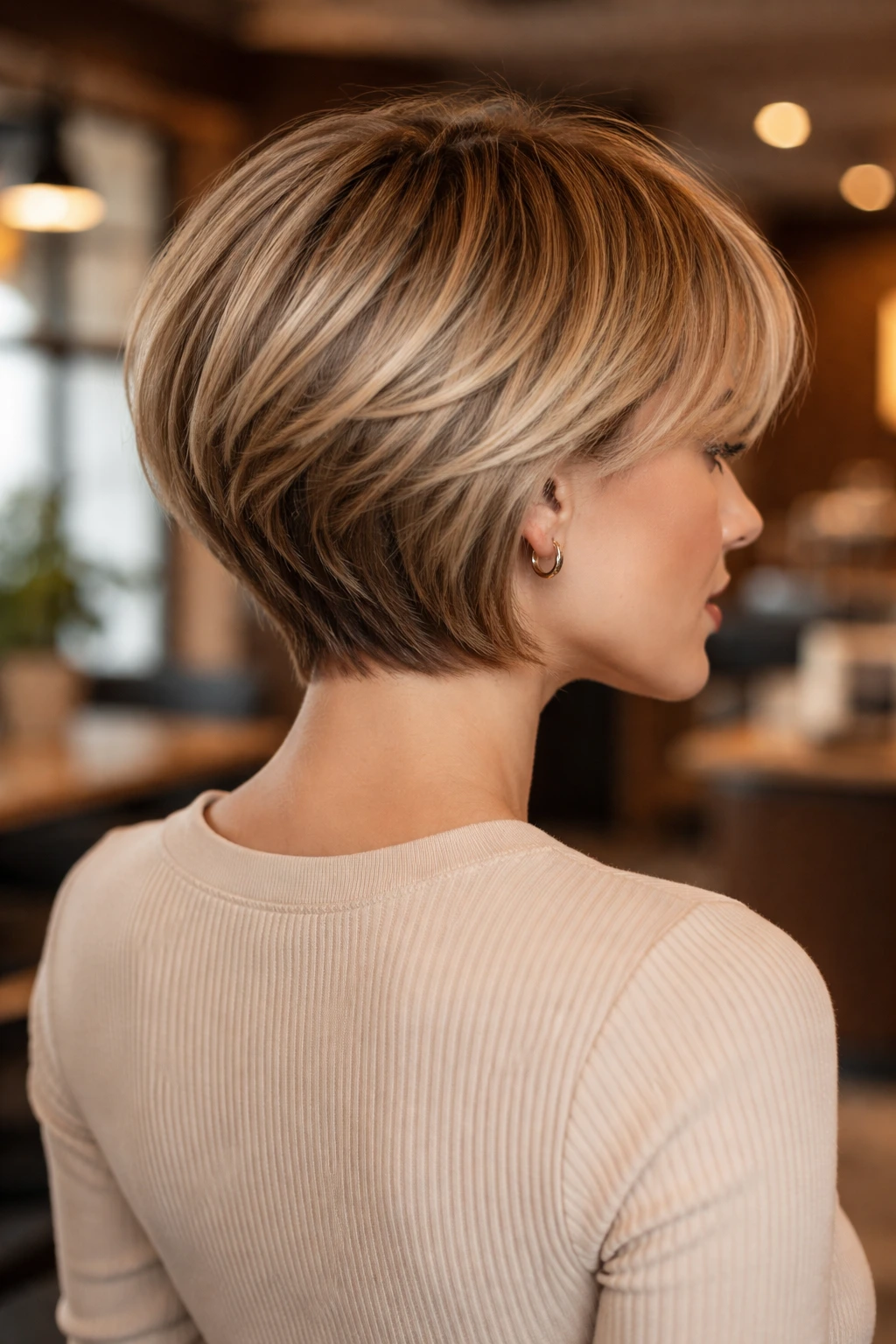 Portrait of a woman with stacked bob showing graduated layers at the nape