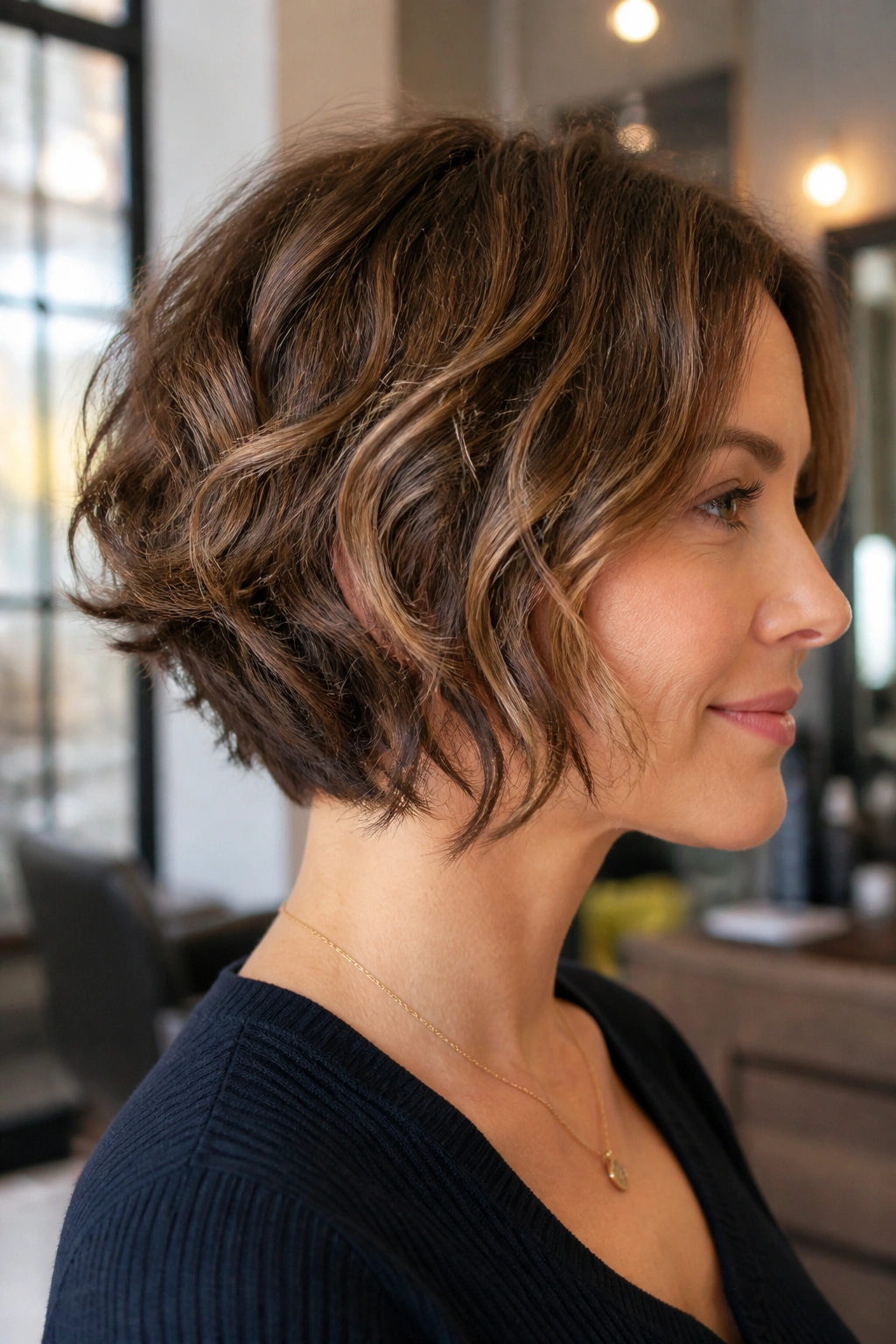 Close-up portrait of a real woman with stacked bob for wavy hair showing nape lift and soft waves.