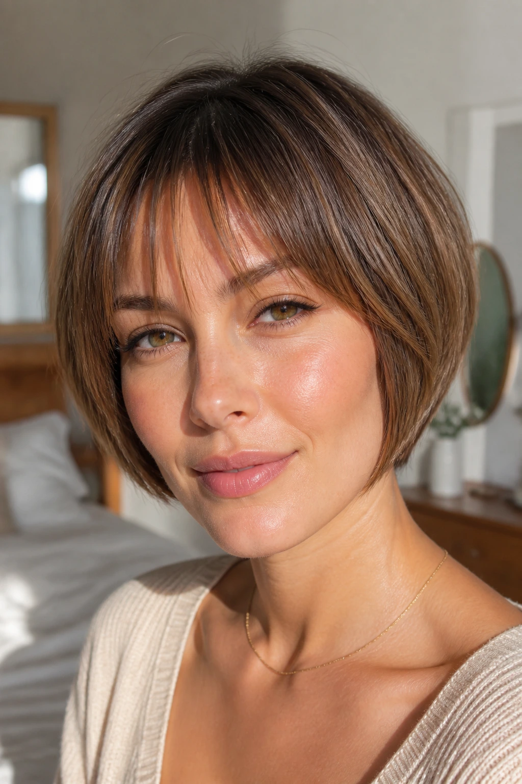 Real woman with wispy bangs and stacked bob in warm natural light