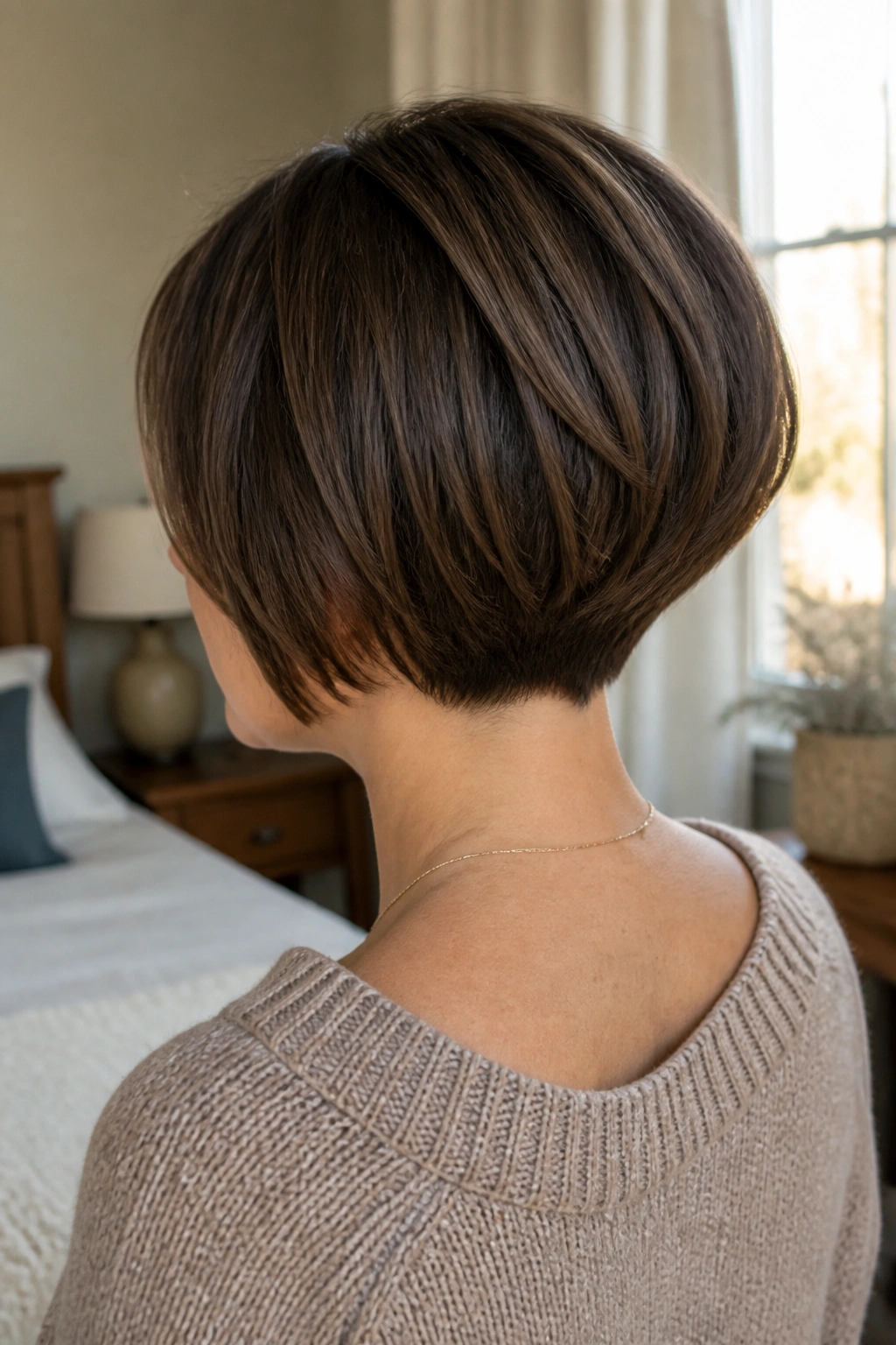 Rear three-quarter view of stacked brown bob with graduated nape