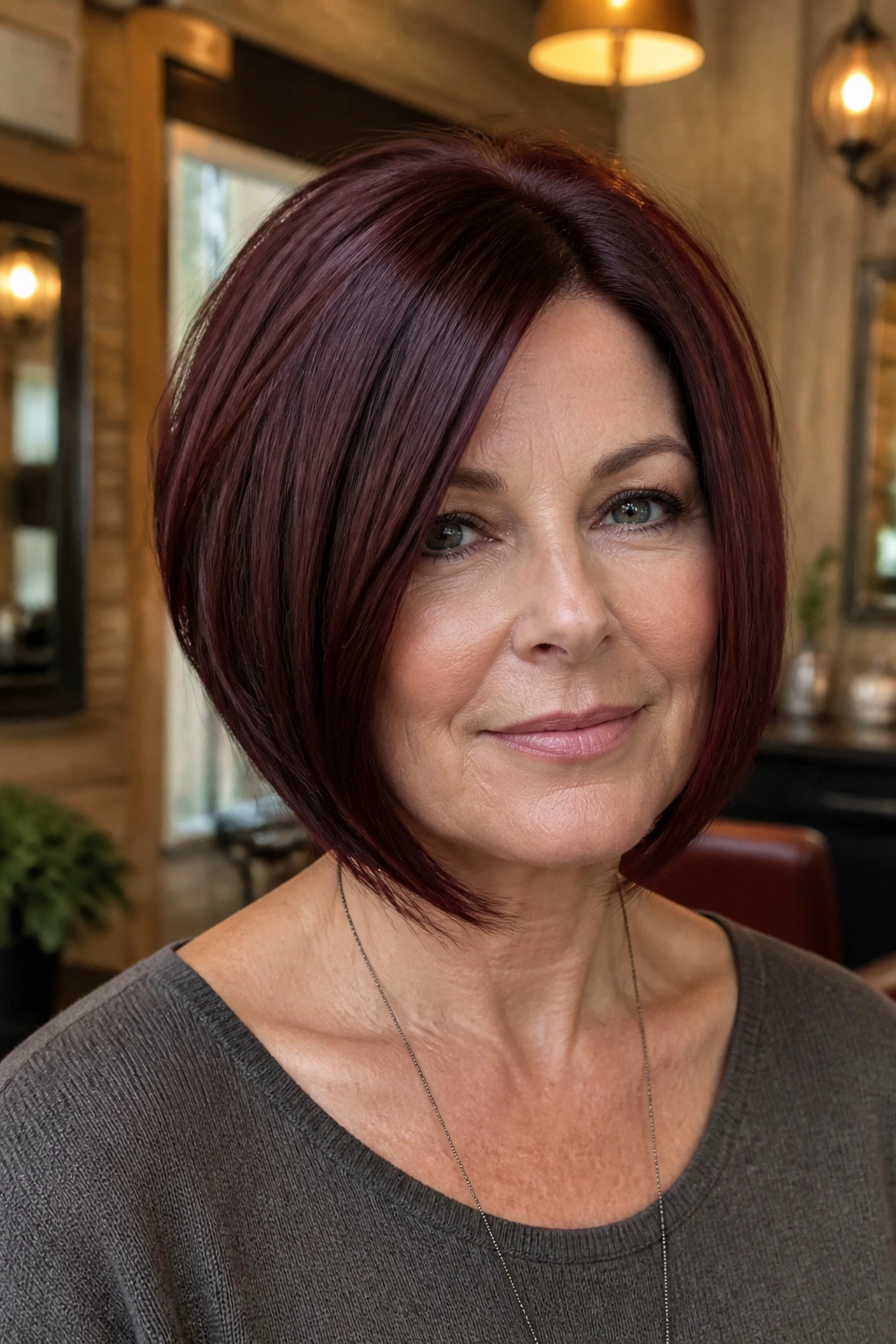 Close-up portrait of a real woman with stacked burgundy bob in salon lighting