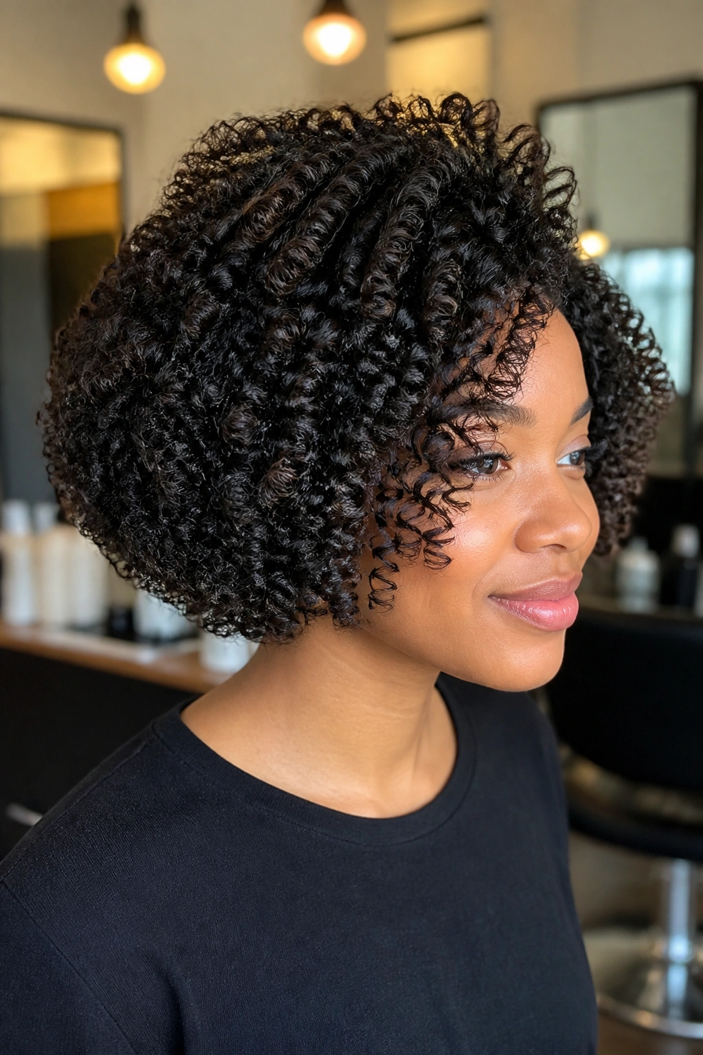 Close-up of a real person with stacked coily bob and tall crown in salon light