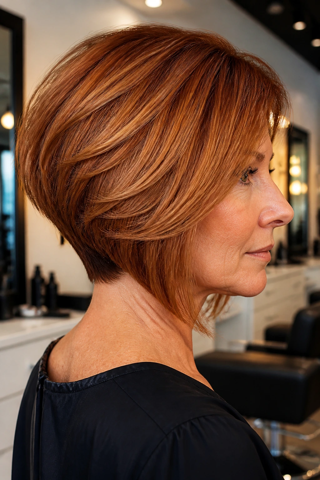 Close-up of real woman with stacked copper bob and lifted nape