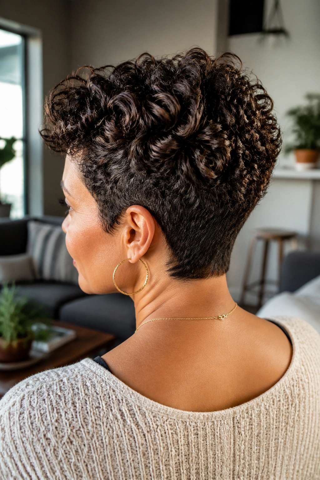 Portrait of real woman with stacked curly crop showing back lift and crown volume