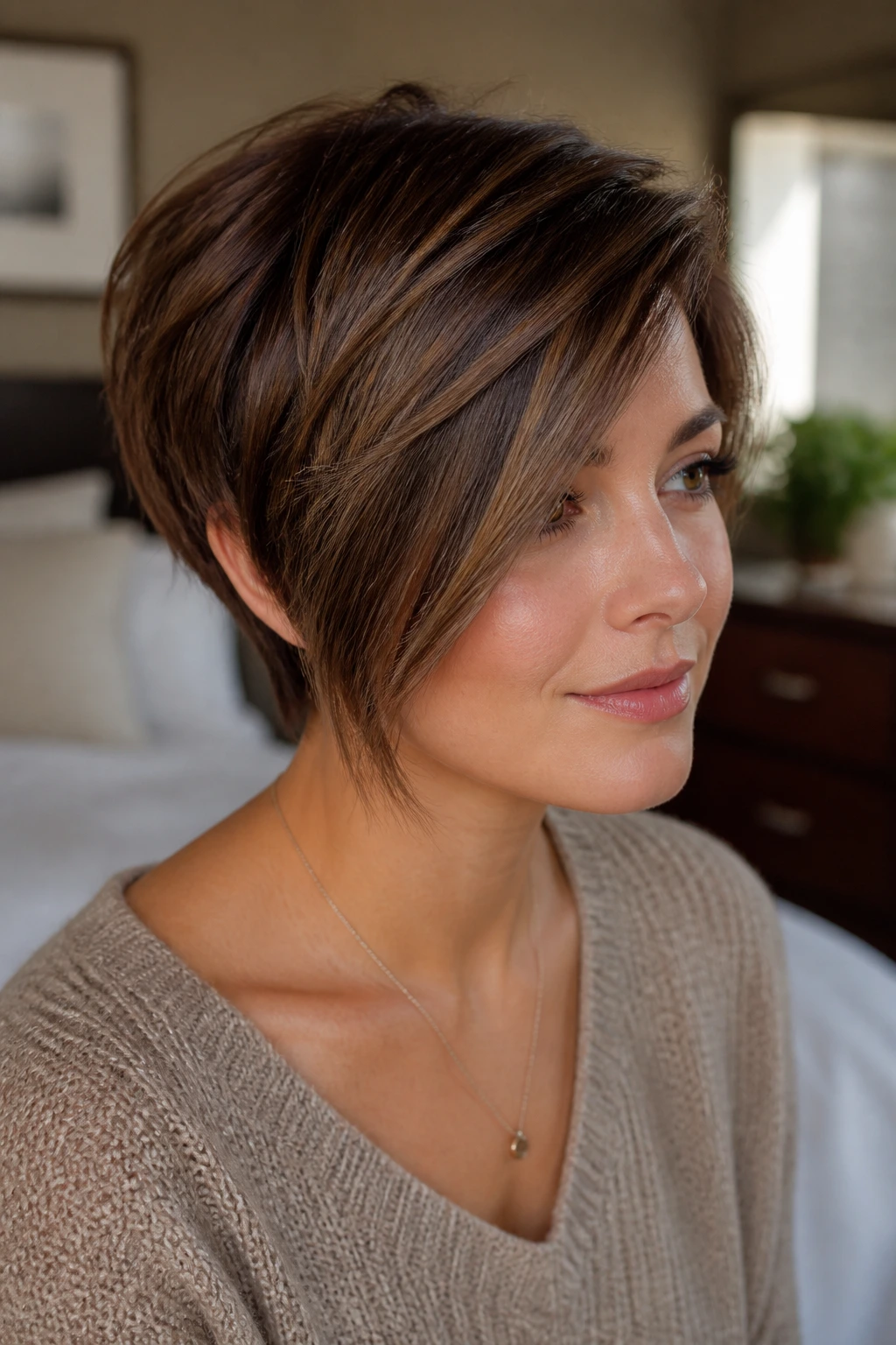 Close-up portrait of a real woman with a stacked crop and long side fringe in a cozy bedroom.