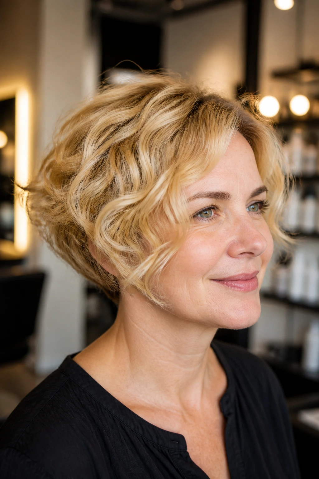 Portrait of woman with stacked crown bob on fine hair