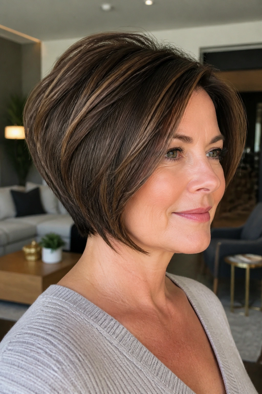 Portrait of a woman with a stacked crown bob emphasizing crown lift