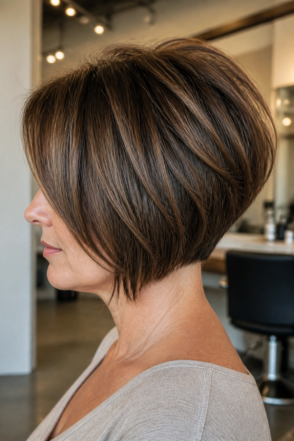 Close-up of a real woman with a stacked crown inverted bob in a modern salon