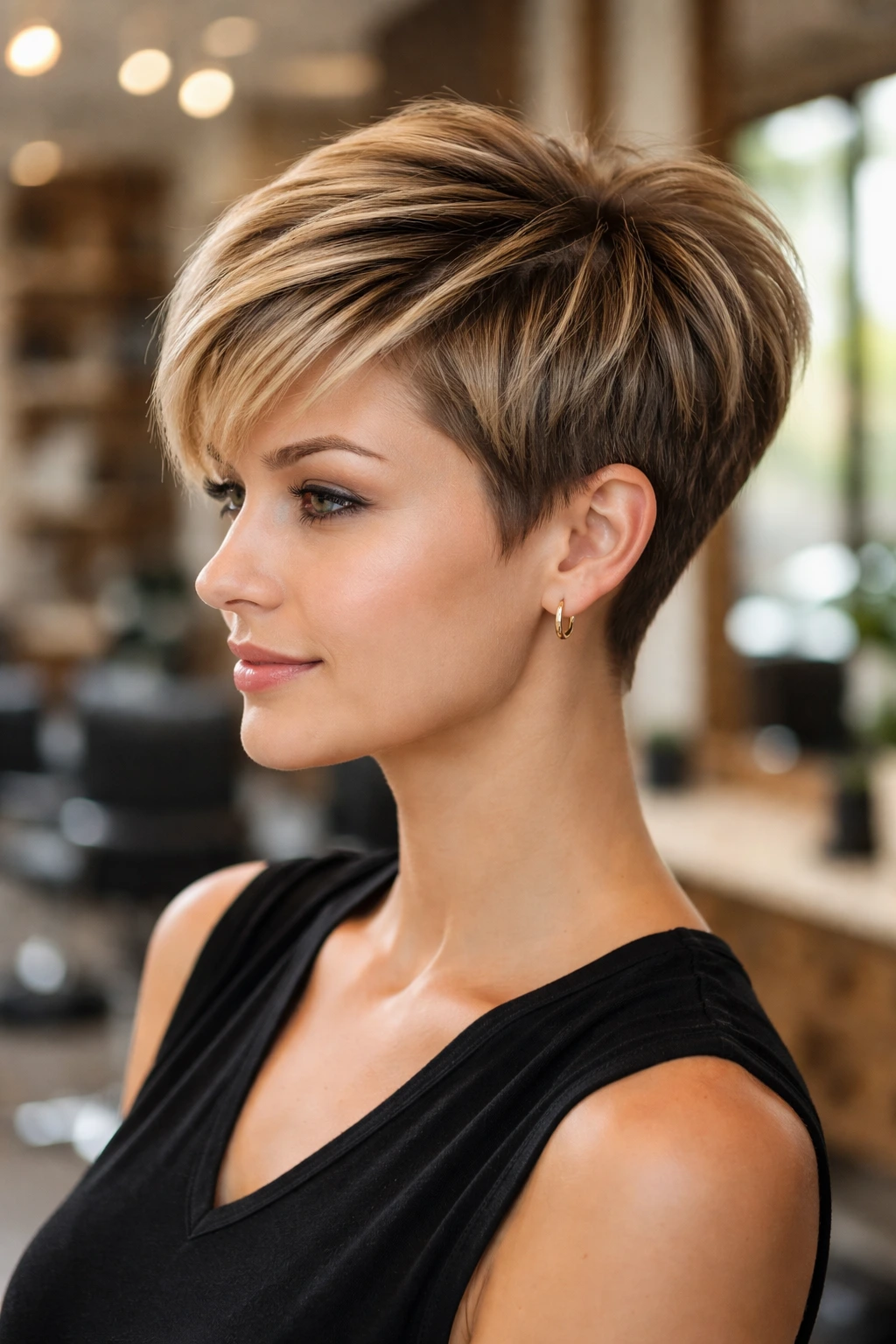 Portrait of a real person with a stacked crown pixie and close sides