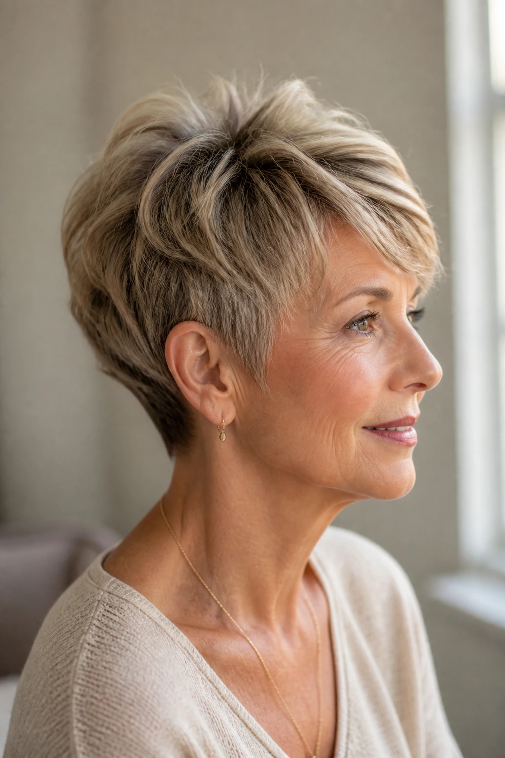 Close-up portrait of a real woman with a stacked crown pixie haircut, crown lift in back.