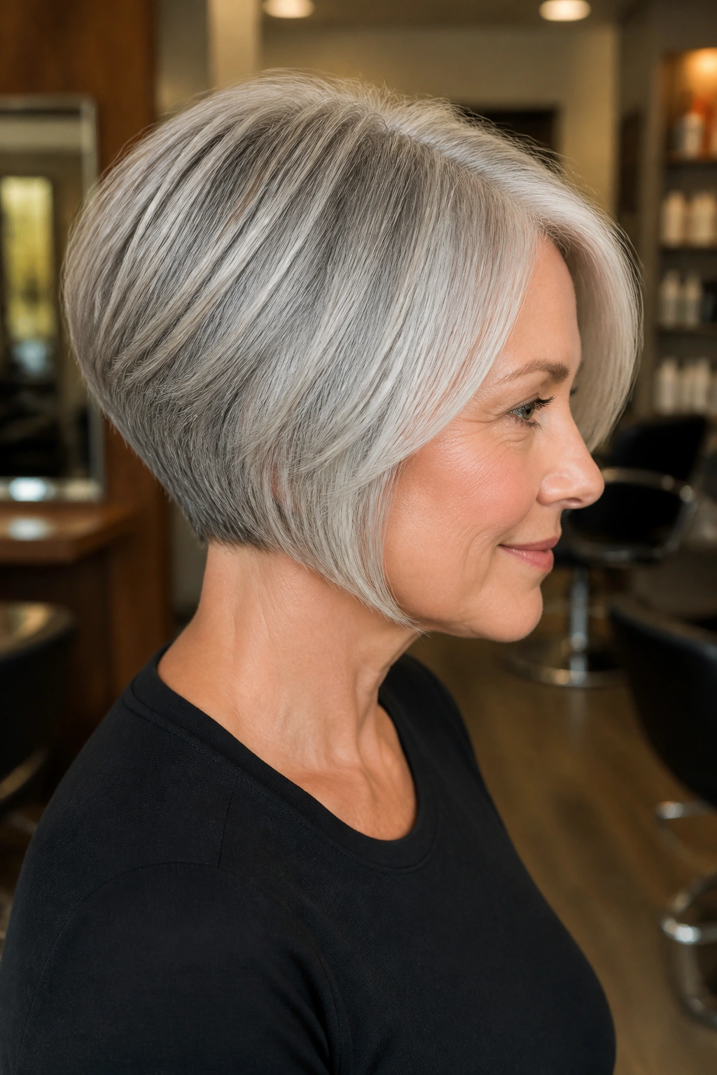 Portrait of a real woman with a stacked crown silver bob in a warm salon setting