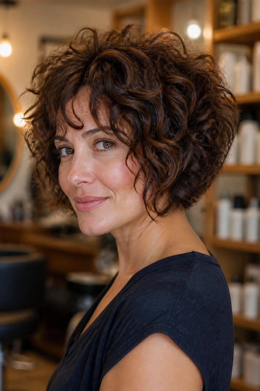 Three-quarter portrait of a woman with stacked curly bob showing back volume.