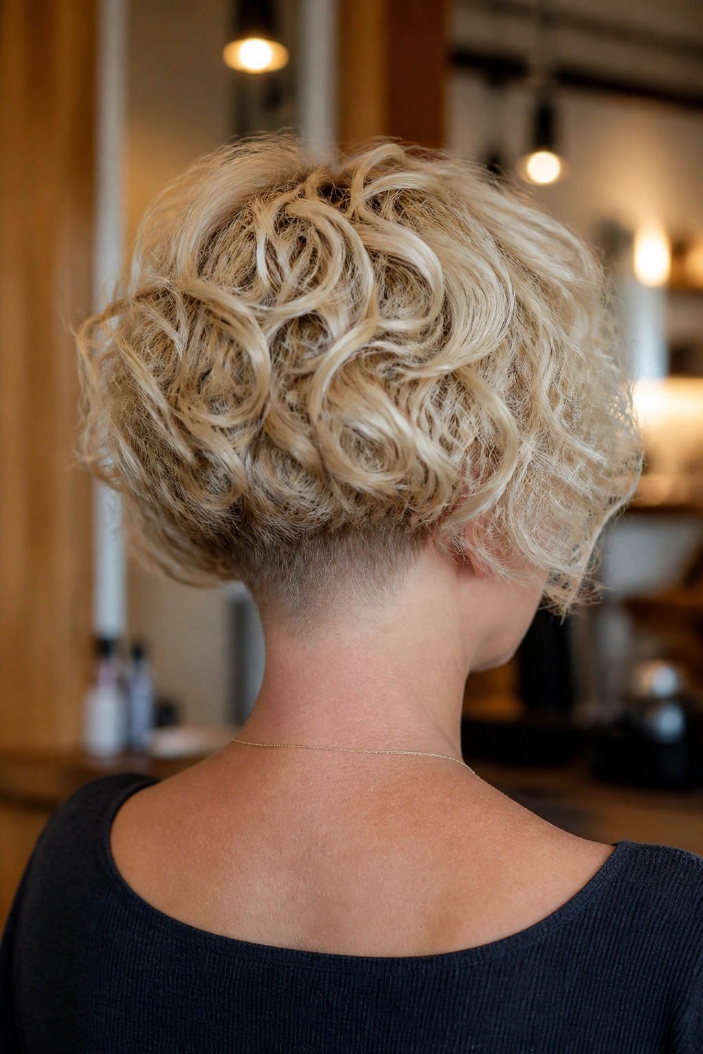 Back view of a real woman showing stacked curly bob with a clean nape