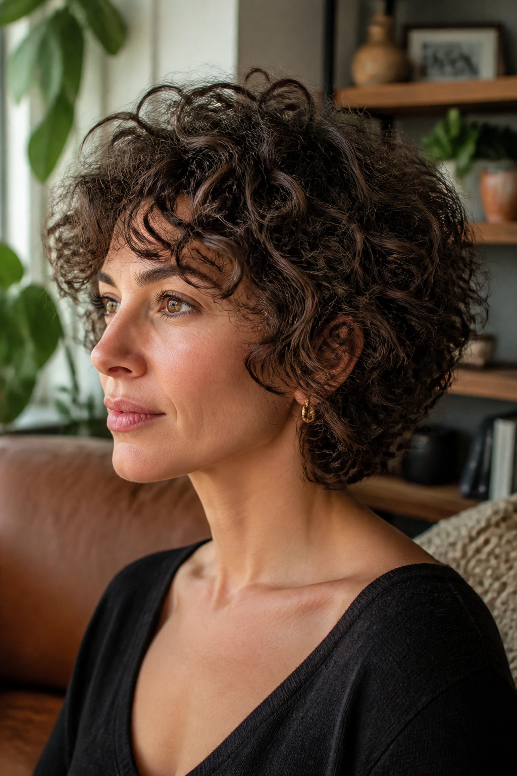 Close-up of a real person with a stacked curly bob and full crown in a cozy living room