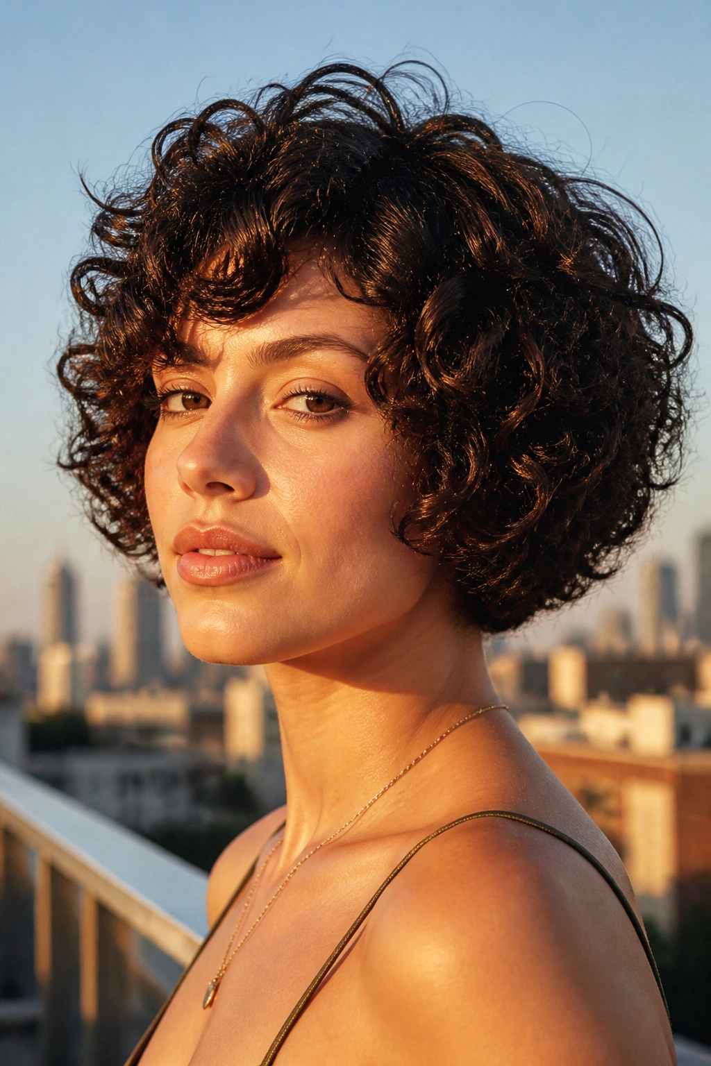 Close-up of real woman with stacked curly bob showing back lift and front framing.