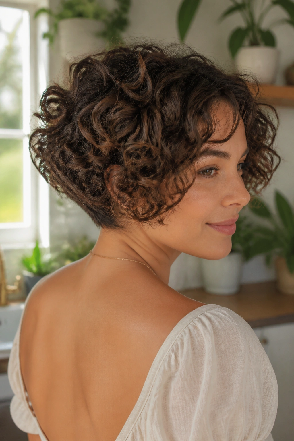 Close-up of stacked curly bob showing back layers in bright kitchen light