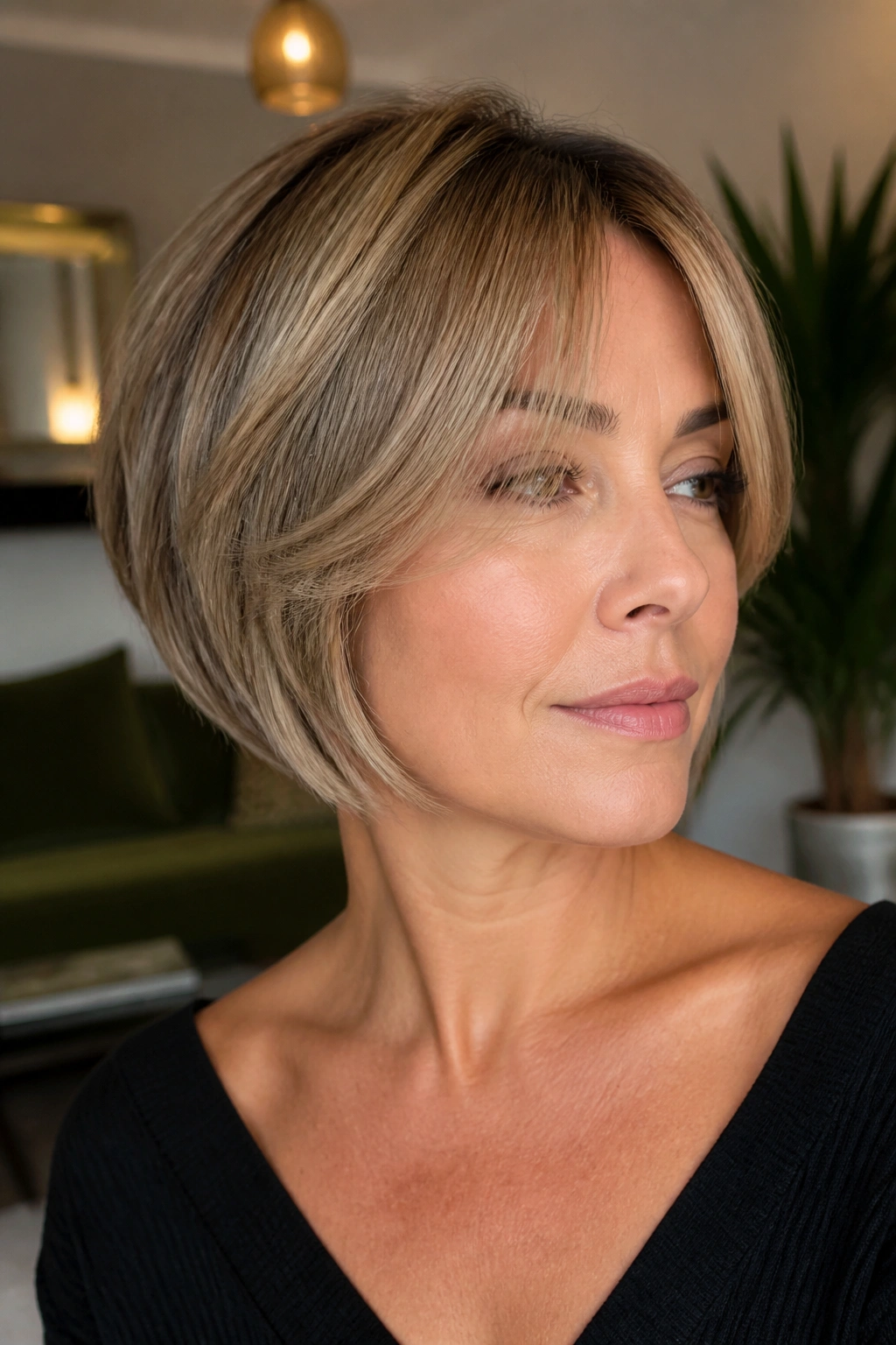 Close-up portrait of a real woman with stacked bob and curtain fringe
