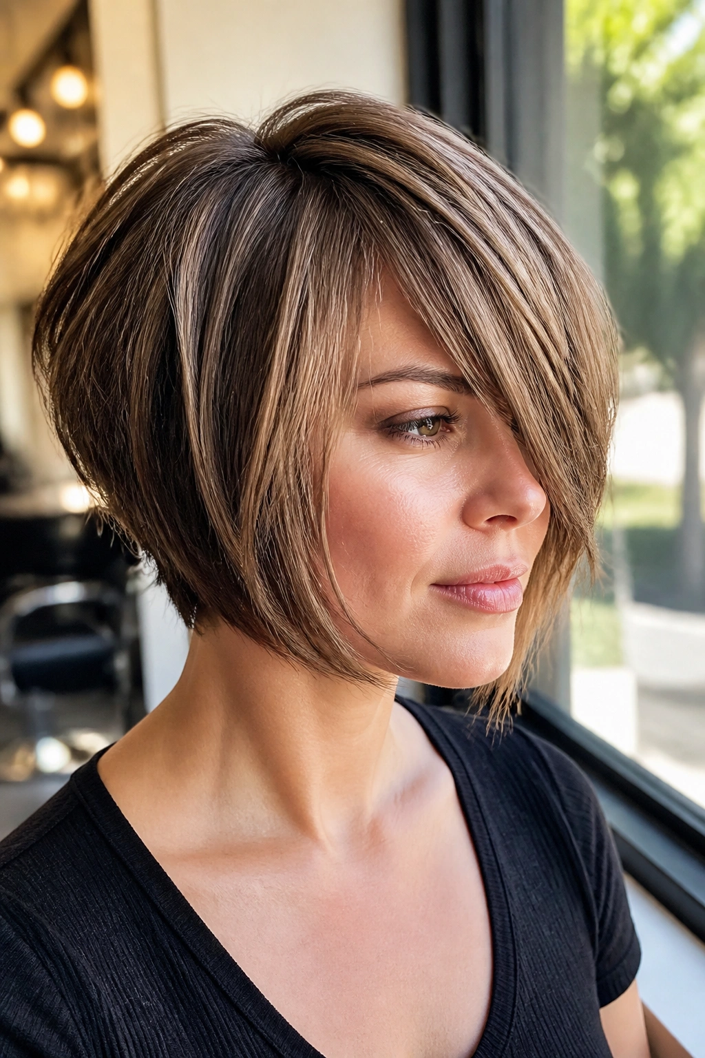 Portrait of a person with stacked cut and long side bangs.