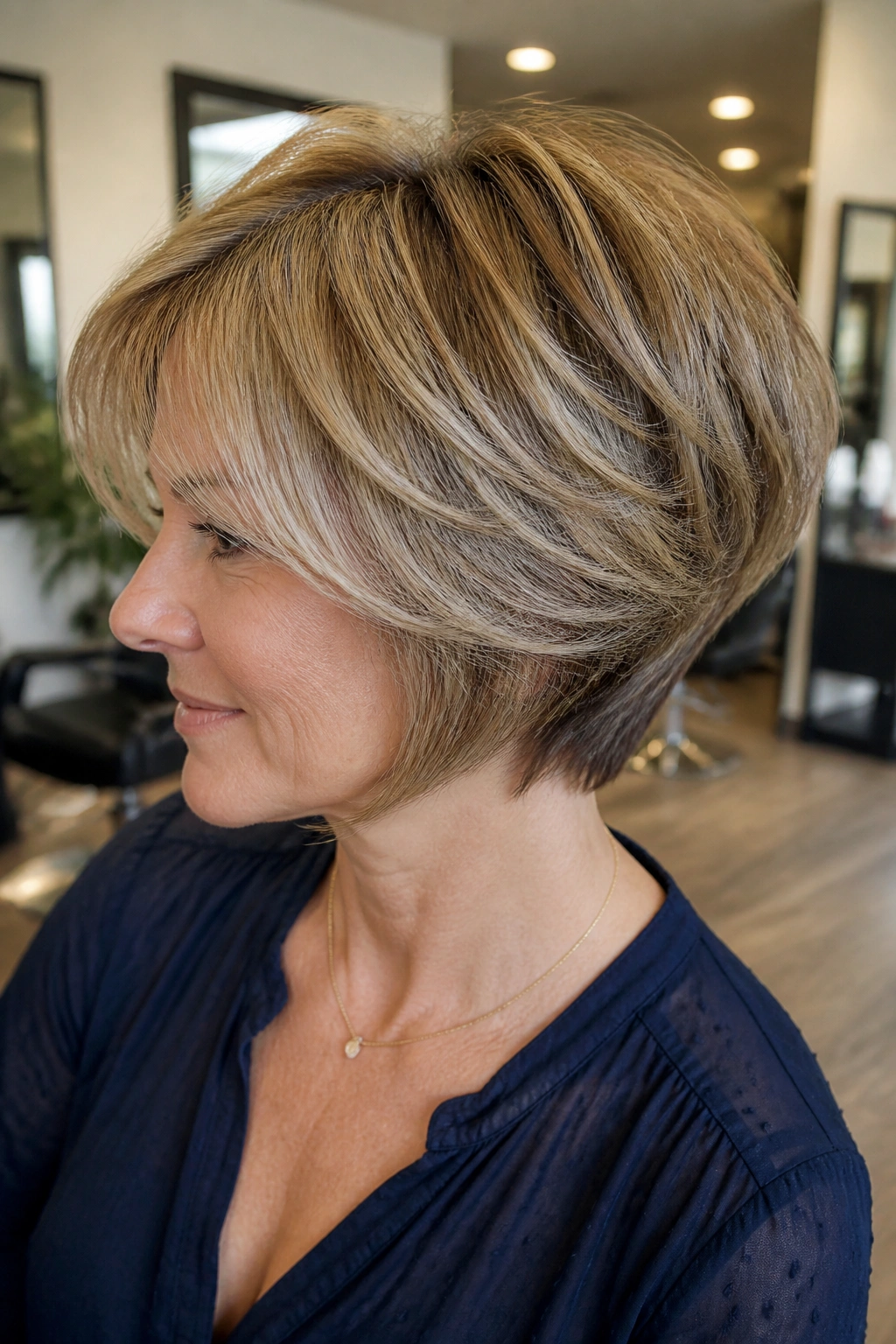Portrait of a real woman with stacked feathered bob and crown lift in a salon setting