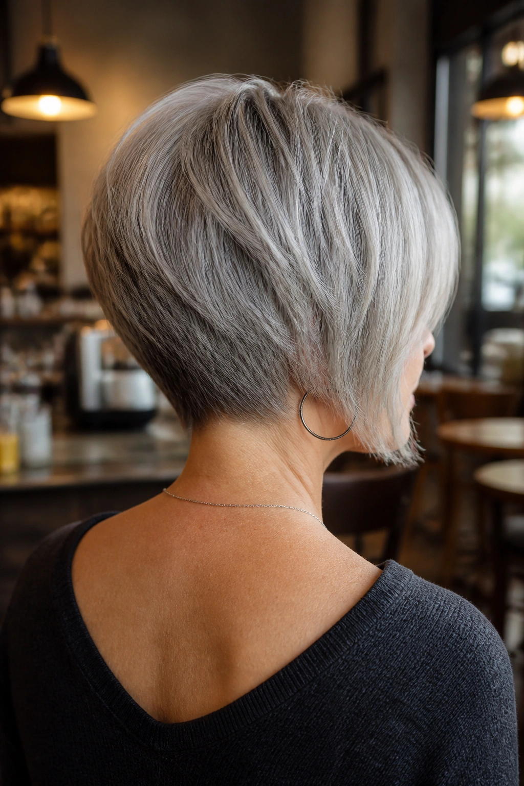 Back-of-head view of a woman with a stacked gray bob showing crown lift