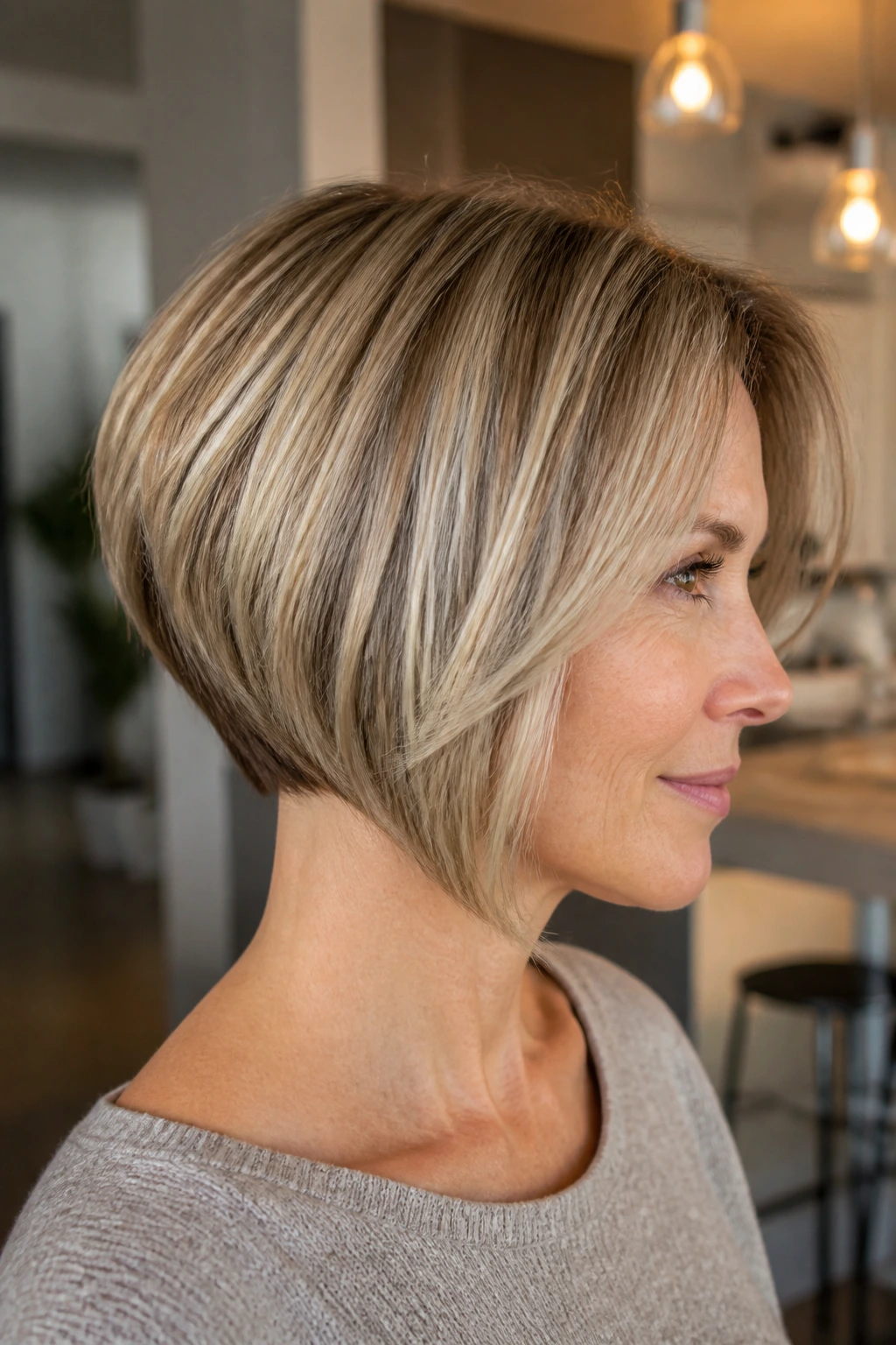 Real person with low-maintenance stacked inverted bob showing back stack and front length.