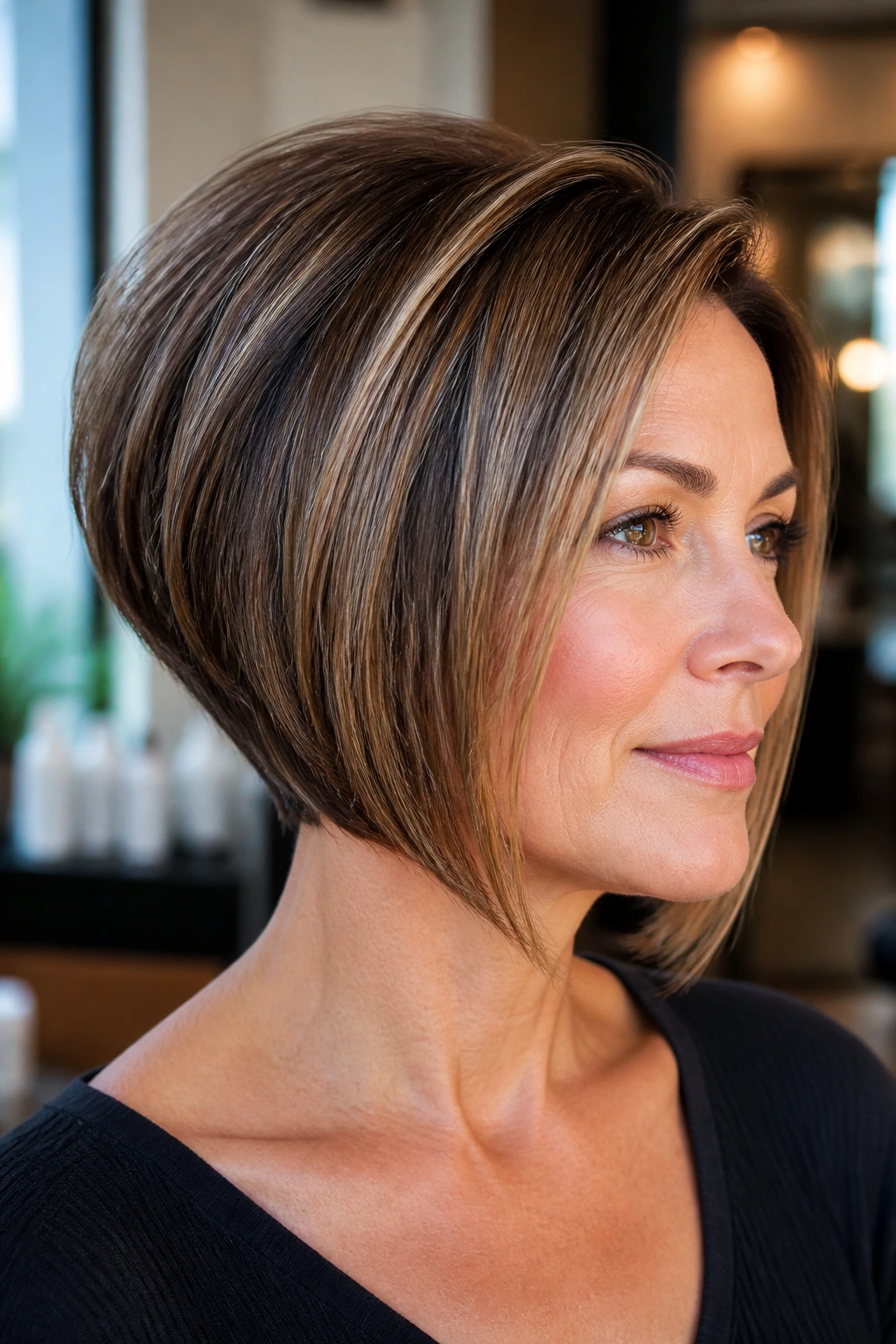 Close-up portrait of a real woman with a classic stacked inverted bob for fine hair in warm window light