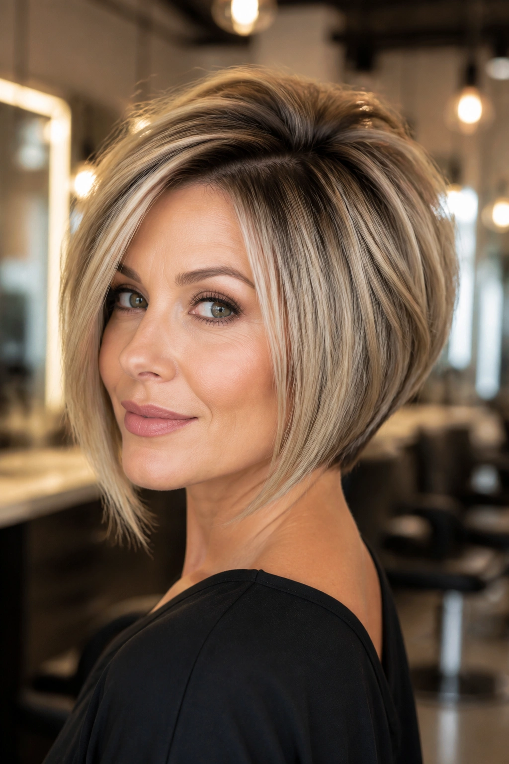 Close-up portrait of a real woman with stacked inverted bob and lift at the crown