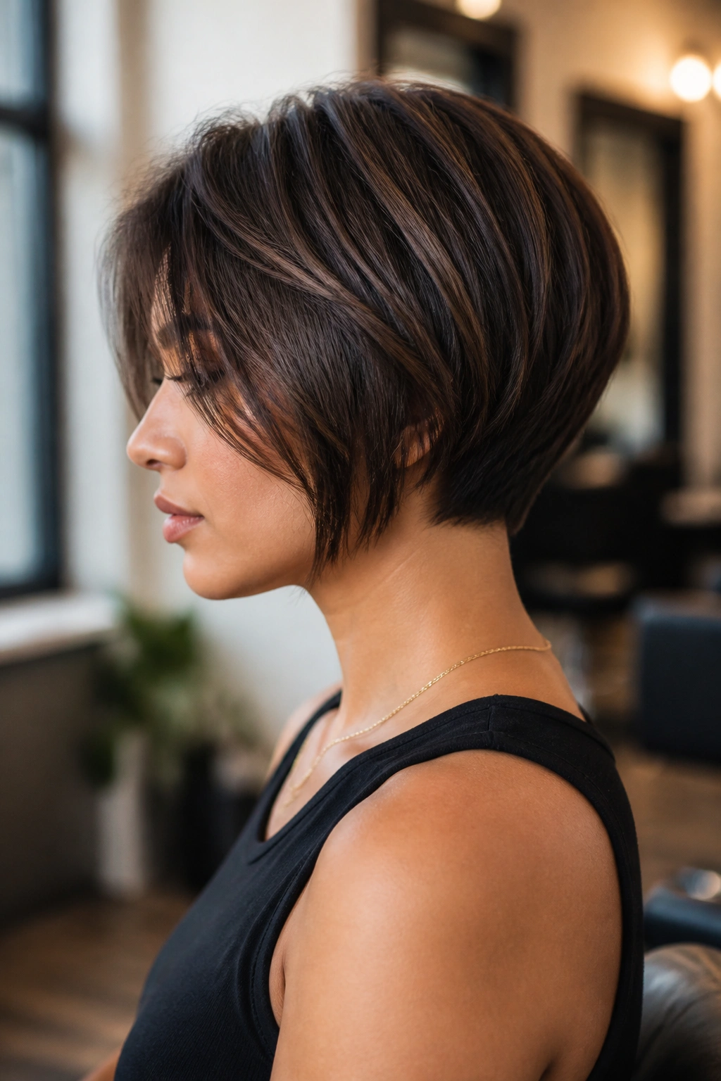 Close-up of a real woman with stacked inverted bob and tapered nape in a chic salon