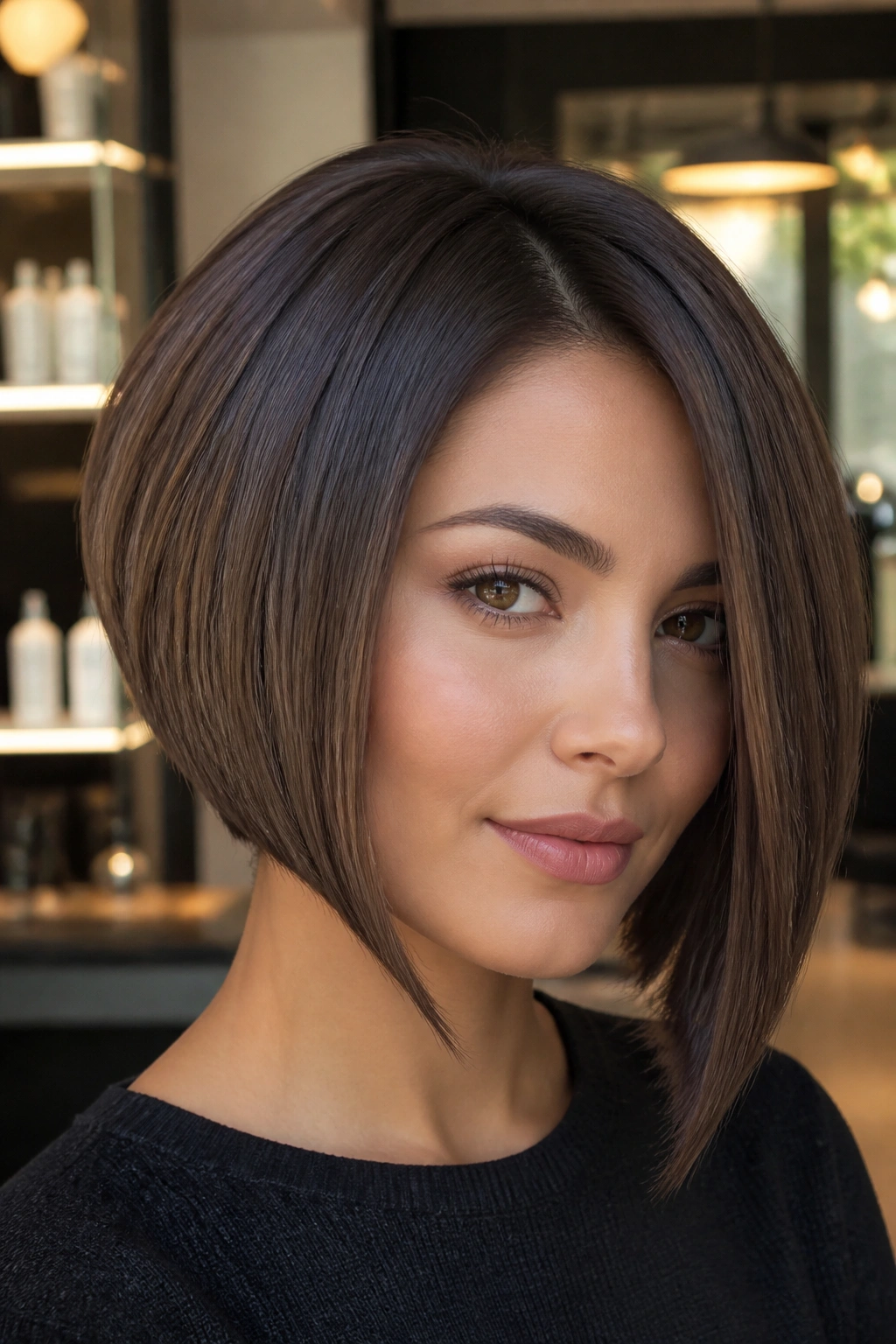 Close-up portrait of a woman with a sleek stacked inverted bob in a modern salon